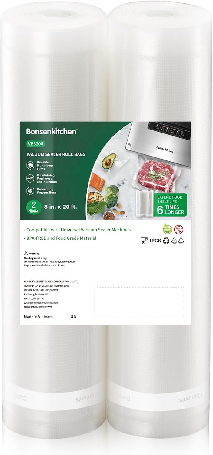 Bonsenkitchen Vacuum Sealer Rolls Bags, 6 Pack 3 Rolls 11" x 20' + 3 Rolls 8" x 20' Commercial Grade BPA Free Bag Rolls, Durable Customized Size Food Vac Bags for Storage and Sous Vide Cooking VB3211