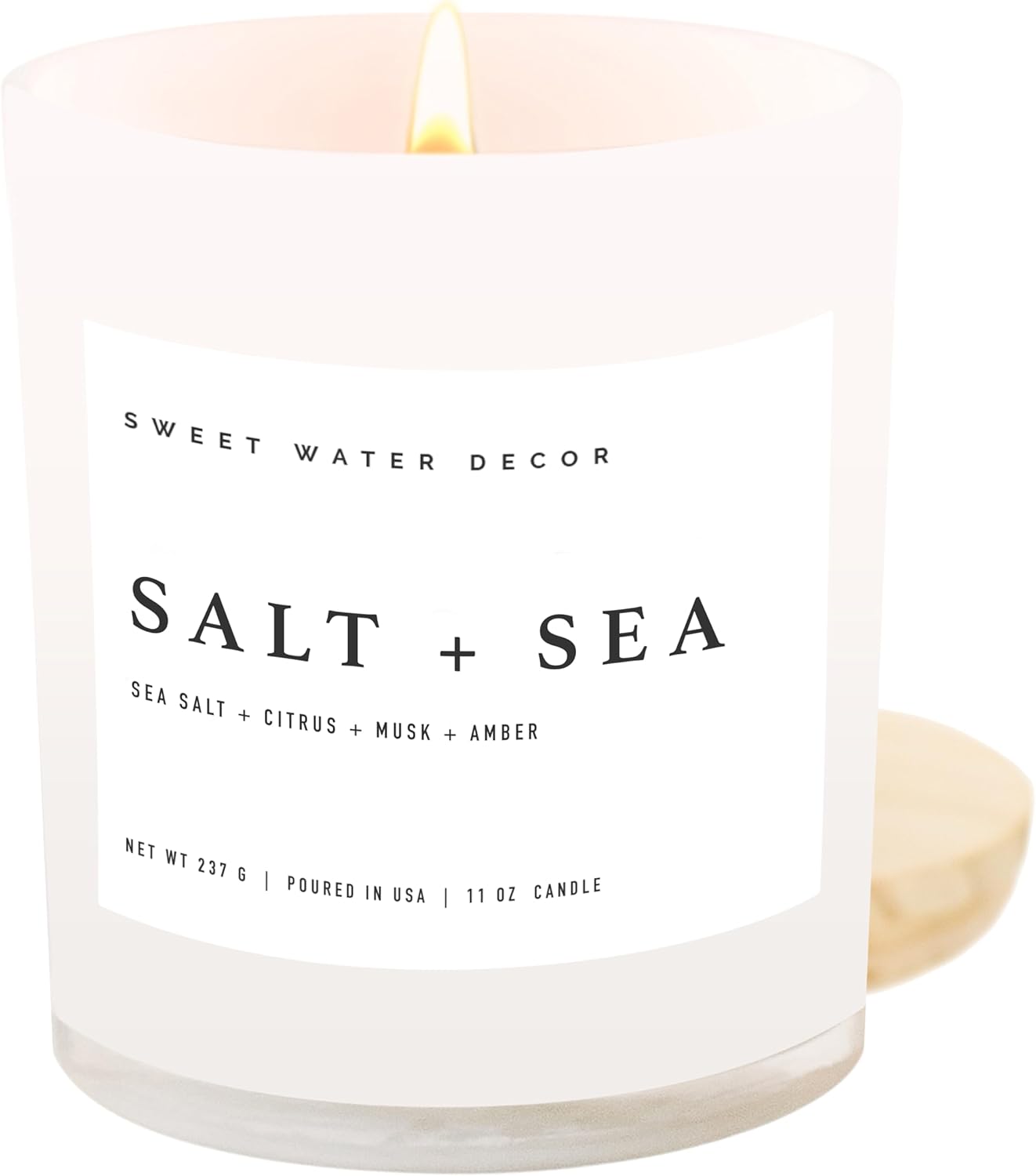 Sweet Water Decor Salt and Sea Candle - Sea Salt, Citrus, Amber, Musk, Beach Scented Soy Candles for Home - 11oz White Glass Jar + Wood Lid, 50+ Hour Burn Time, Made in the USA