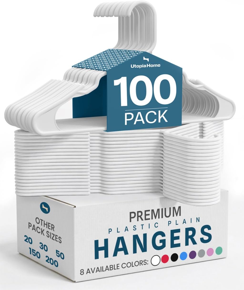 Utopia Home - Plastic Hangers 50 Pack - Space Saving Clothes Hanger - Durable and Strong Closet Organizers and Storage Makes It Ideal Stocking Stuffers or Apartment or Dorm Room Essentials (White)