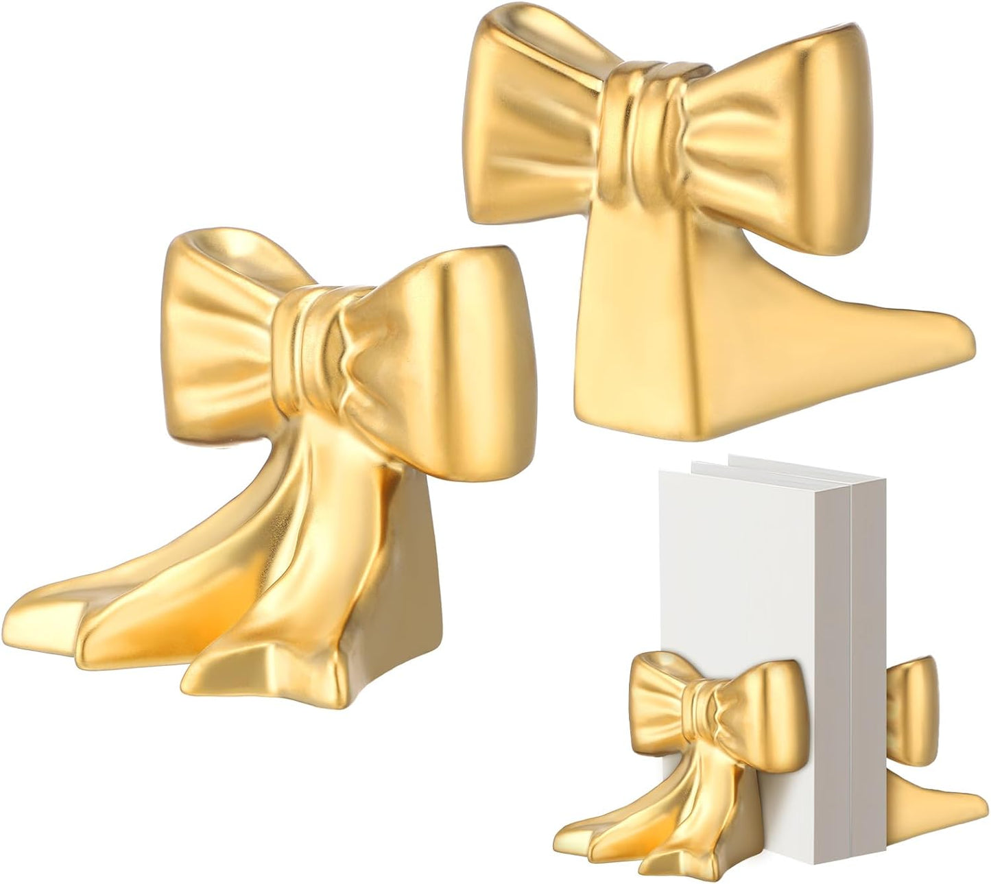 Leinuosen 2 Pcs Gold Bow Bookends Ceramic Cute Book Ends Decorative Book Stand Bow Sculpture Statues Tabletop Shelf Ornament Room Decor for Home Office School Dorm Girl Desk
