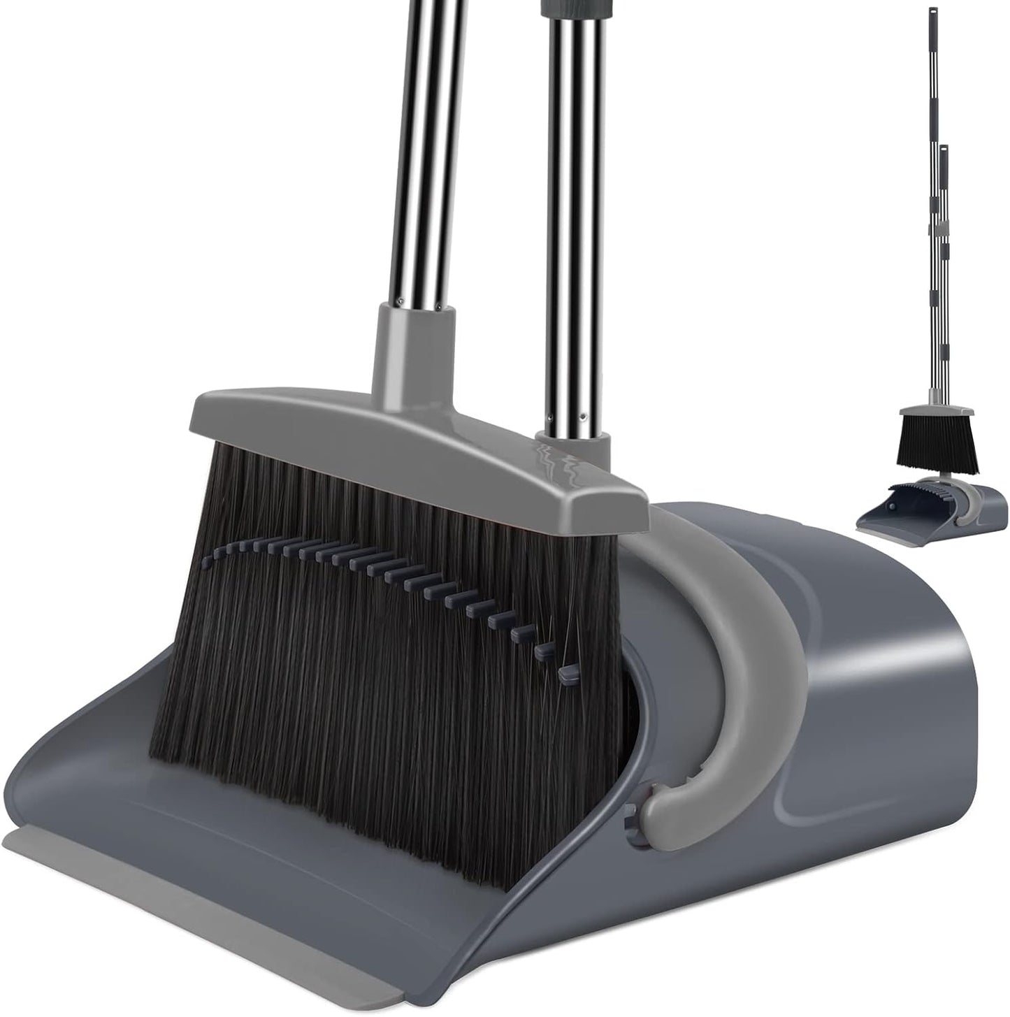 Broom and Dustpan Set for Home, Dust pan with Long Handle, Broom with Dustpan Combo Set, for Home Kitchen Room Office Lobby Floor Use Upright Stand Up Sweeping (Gray&Green)