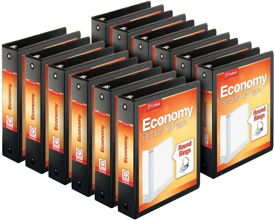 Cardinal Economy 3-Ring Binders, 1", Round Rings, Holds 225 Sheets, ClearVue Presentation View, Non-Stick, White, Carton of 12 (90621)