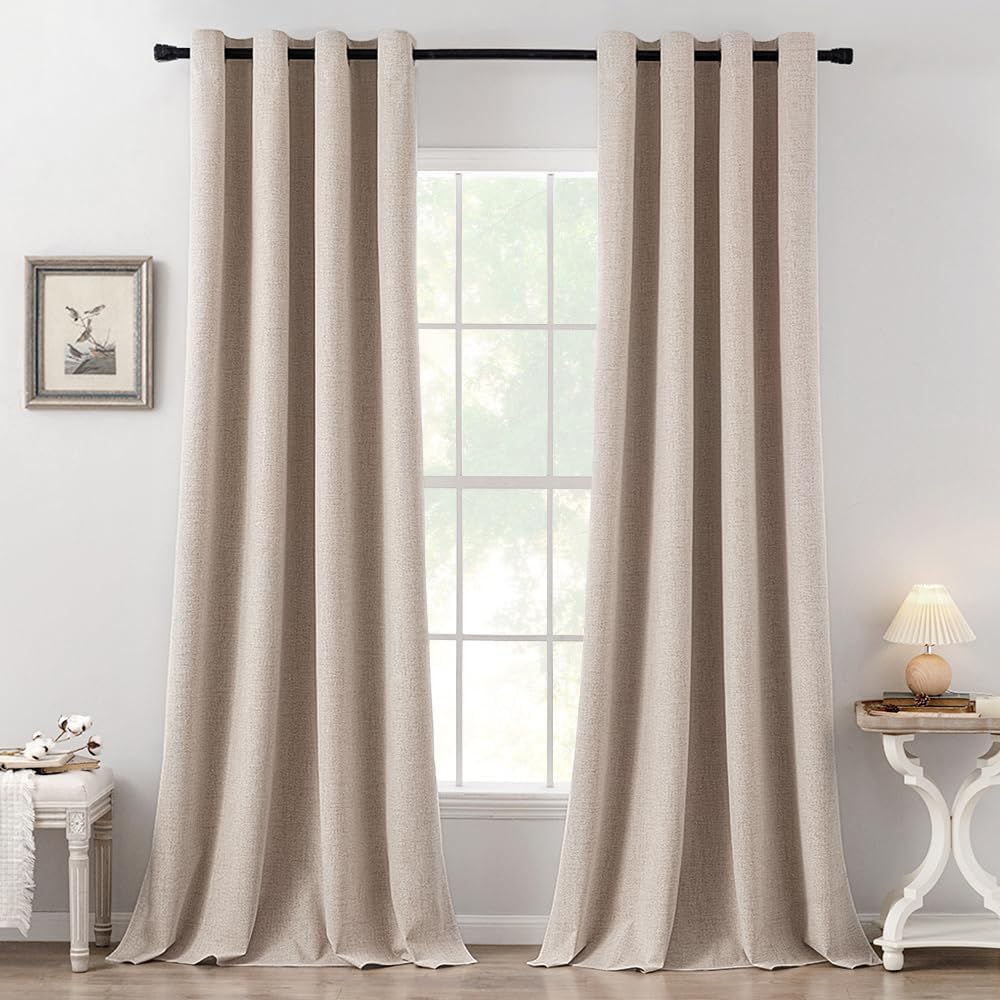 MIULEE 100% Blackout Linen Textured Curtains for Bedroom Solid Thermal Insulated Natural Beige Grommet Room Darkening Curtains & Drapes Luxury Decor for Living Room Nursery 52 x 84 Inch (2 Panels)
