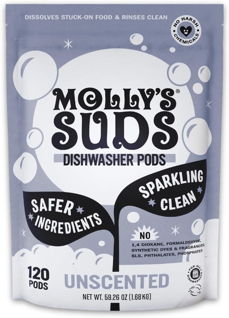 Molly's Suds Dishwasher Pods | Clean Dishwasher Detergent, Cuts Grease & Rinses Clean (Residue-Free) for Sparkling Dishes | 60 Auto-Release Tabs (Unscented)