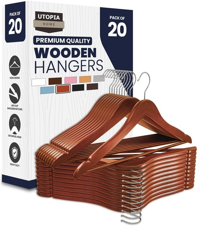 Utopia Home Premium Wooden Hangers 20 Pack - Heavy Duty & Durable Coat Hanger - Wood Hanger with 360-Degree Rotatable Hook - Clothes Hangers with Non-Slip Shoulder Notches For Shirts & Coats (Natural)
