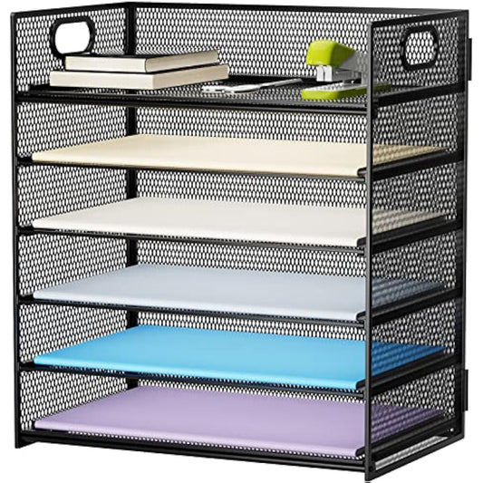 Marbrasse 6 Tier Paper Organizer Letter Tray - Mesh Desk File Organizer with Handle, Paper Sorter Organizer for Letter/A4 Office File Folder Holder - Black