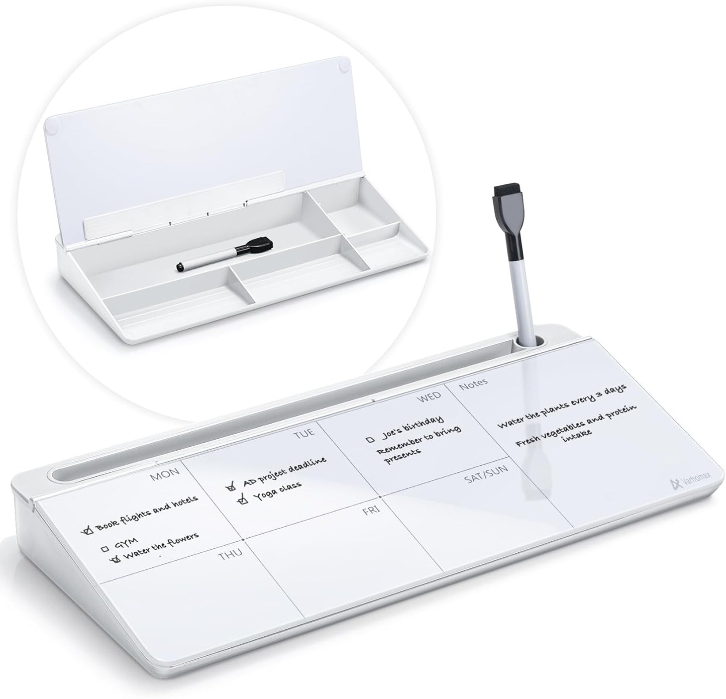 Varhomax Glass Desk Whiteboard with Storage, Desktop Organizer to-do List Memo Notepad Dry Erase White Board for Home Office and School Supplies (White)