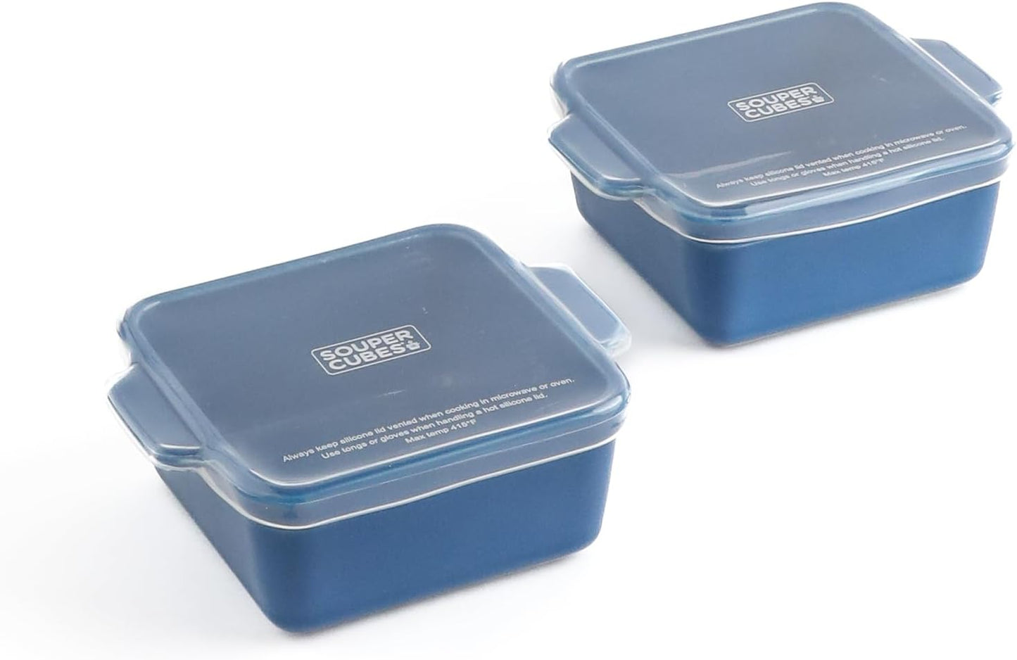 Souper Cubes Stoneware 2.0-5" x 5" Baking Dishes for Oven, Made in USA, Premium Mini Ceramic Baking Dishes with Silicone Covers for Individual Portions, Set of 2 - White