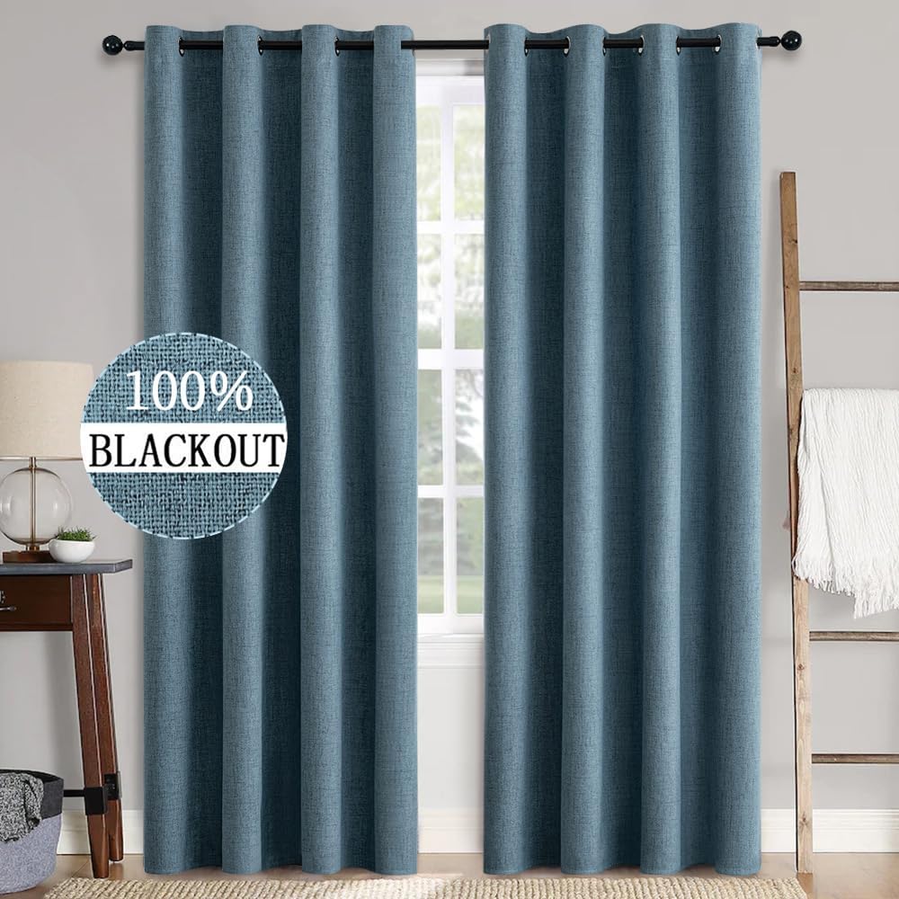MIULEE 100% Blackout Linen Textured Curtains for Bedroom Solid Thermal Insulated Natural Beige Grommet Room Darkening Curtains & Drapes Luxury Decor for Living Room Nursery 52 x 84 Inch (2 Panels)