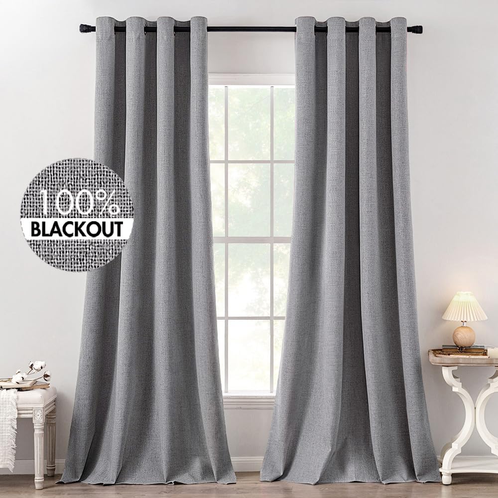 MIULEE 100% Blackout Linen Textured Curtains for Bedroom Solid Thermal Insulated Natural Beige Grommet Room Darkening Curtains & Drapes Luxury Decor for Living Room Nursery 52 x 84 Inch (2 Panels)
