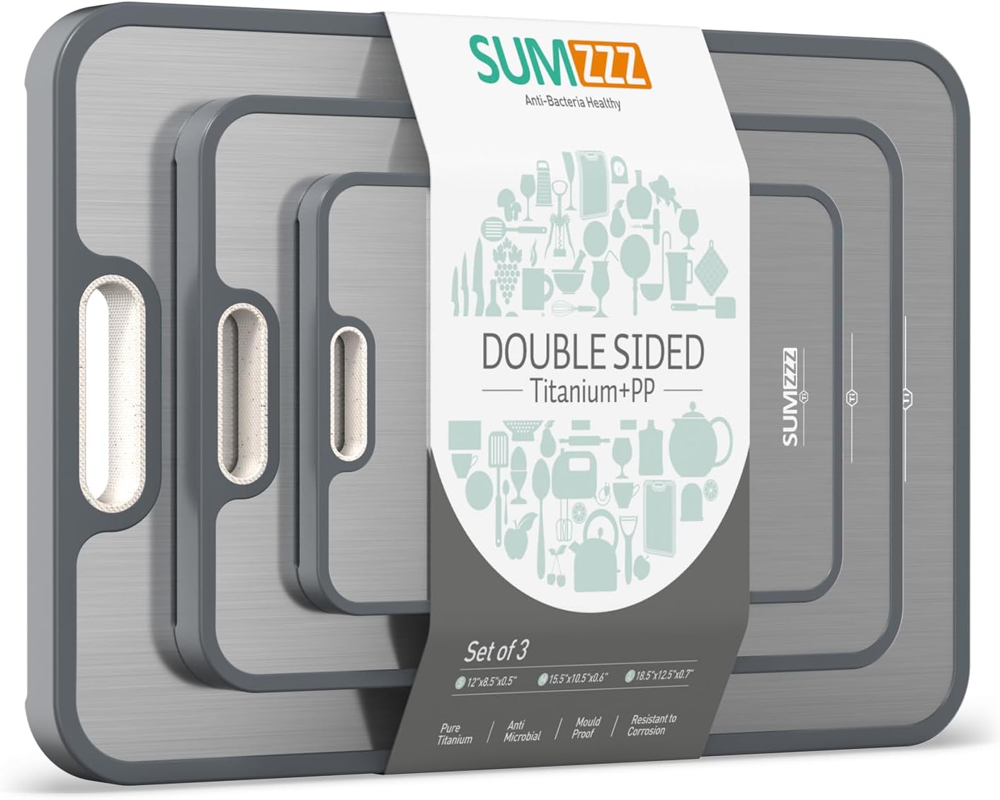 Sumzzz Titanium Cutting Board for Kitchen, Cutting Board Double Sided Food Grade, Pure Titanium/PP, Easy to Clean Large Size 15”×10.3”
