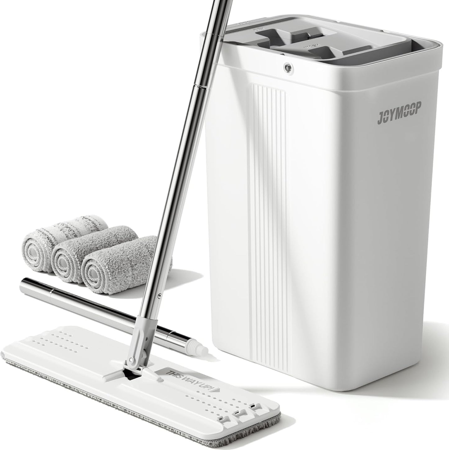 JOYMOOP Mop and Bucket with Wringer Set, Hands Free Flat Floor Mop and Bucket, with 3 Washable Microfiber Pads, Wet and Dry Use, Floor Cleaning System