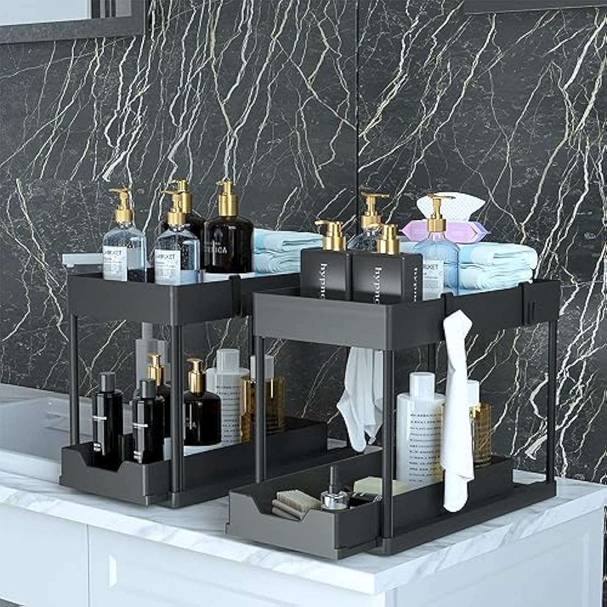DEKAVA Under Sink Organizer 2 Pack, Bathroom Cabinet Organizer, 2 Tier Sliding Cabinet Basket Organizer Drawer, Multi-Purpose Bath Collection Baskets for Bathroom (Black)