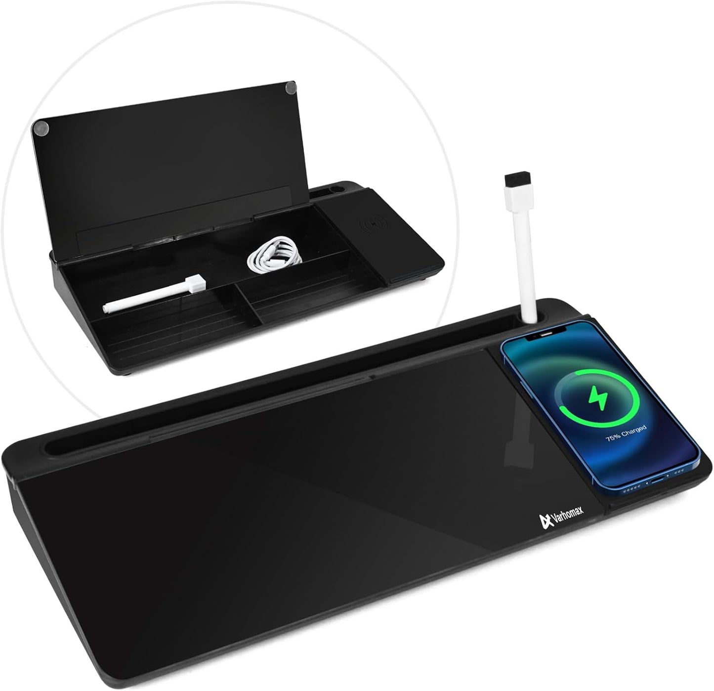 Varhomax Glass Desk Whiteboard with Storage, Desktop Organizer to-do List Memo Notepad Dry Erase White Board for Home Office and School Supplies (White)