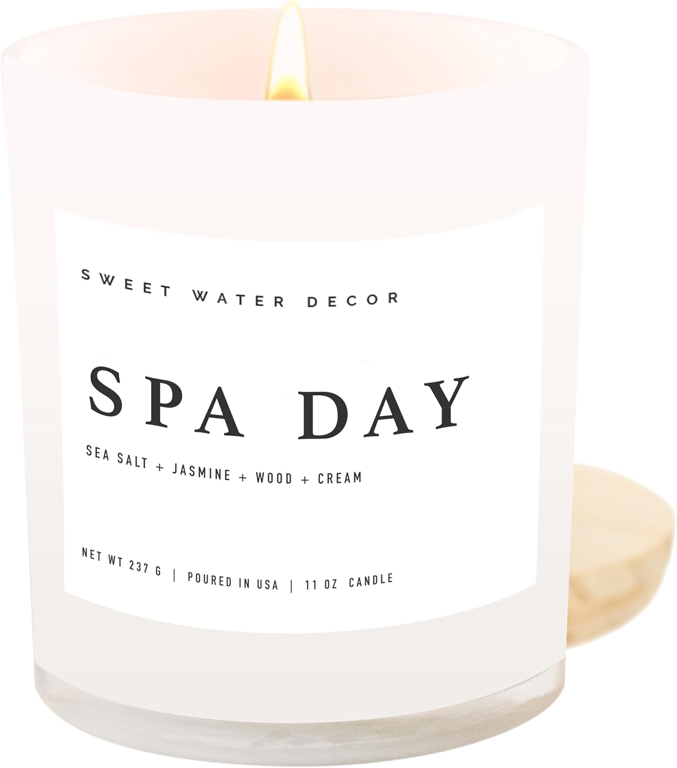 Sweet Water Decor Salt and Sea Candle - Sea Salt, Citrus, Amber, Musk, Beach Scented Soy Candles for Home - 11oz White Glass Jar + Wood Lid, 50+ Hour Burn Time, Made in the USA