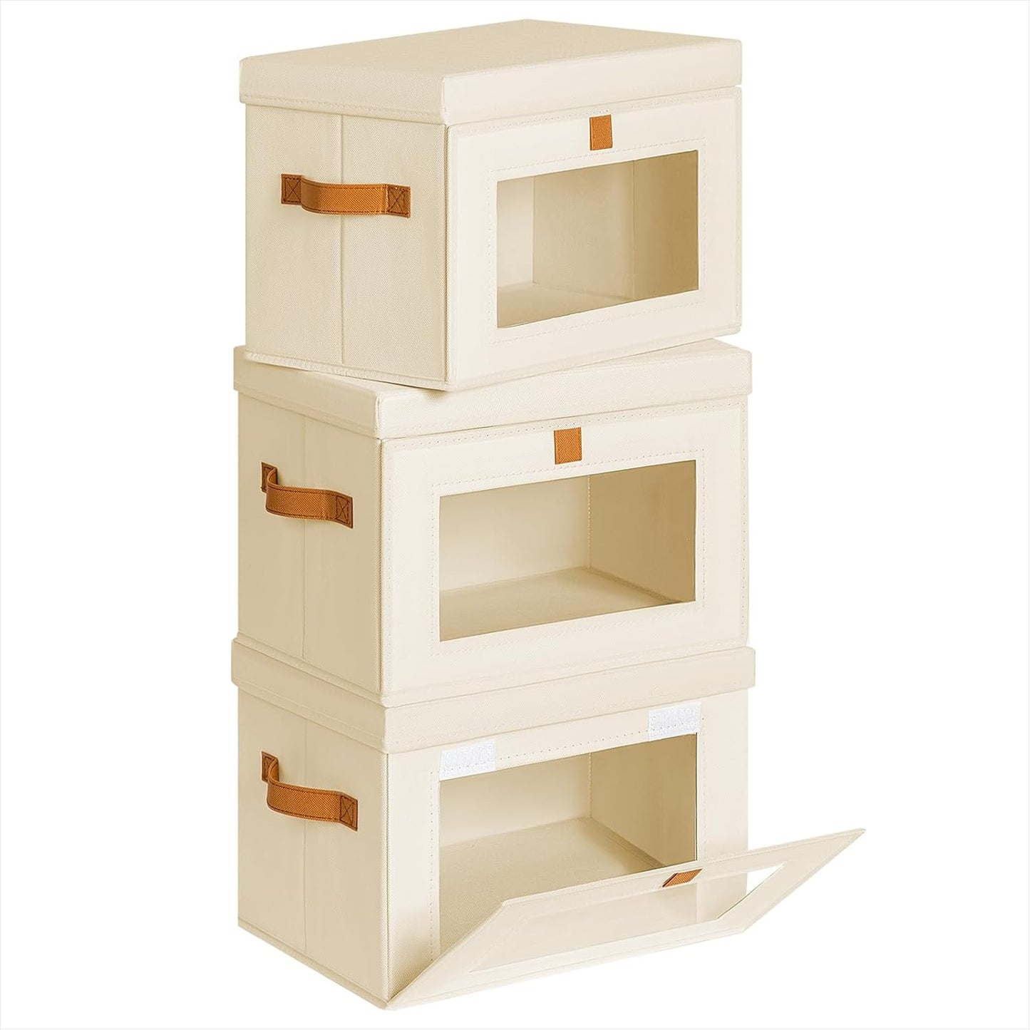 Large Closet Storage Organizer - Clothes Storage Bins with Handles & Window, Collapsible Decorative Boxes with Lids, Fabric Containers for Living Room, Dorm, 2 Pack, Beige