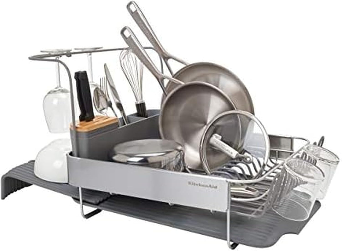 KitchenAid Large Capacity Full Size Rust Resistant Dish Rack with Angled Drain Board and Removable Flatware Caddy, Light Grey
