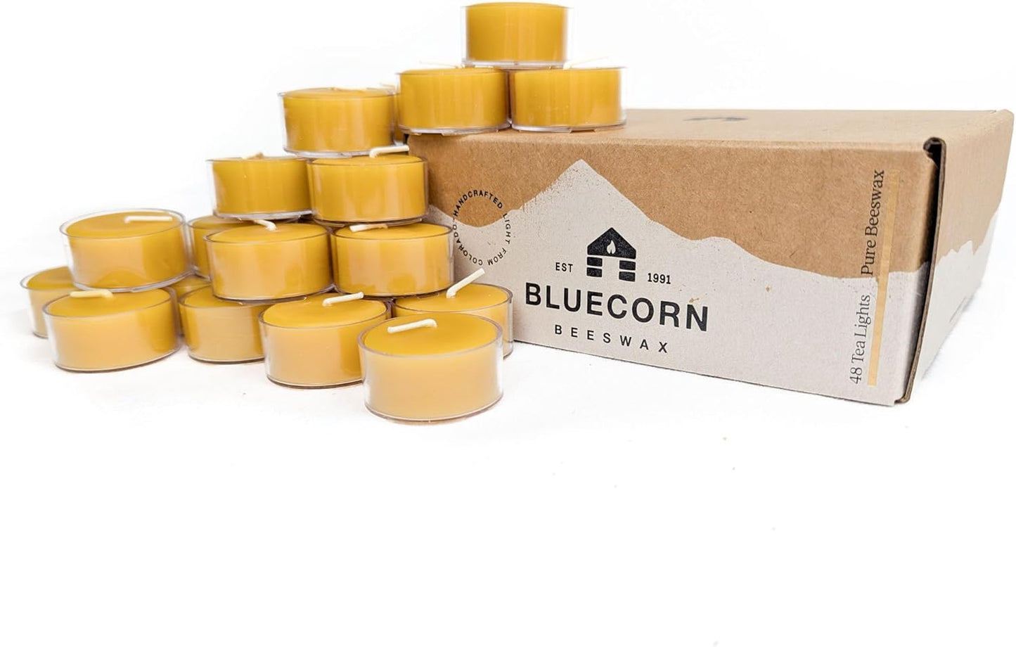 Bluecorn Beeswax Tea Light Candles, 100% Pure Natural Bees Wax, Yellow Tea Lights, Fragrance Free, Paraffin & Soy Free Candle Wax, Clean Burning, Long Lasting (4-5 Hrs), American Made, 24 Pack