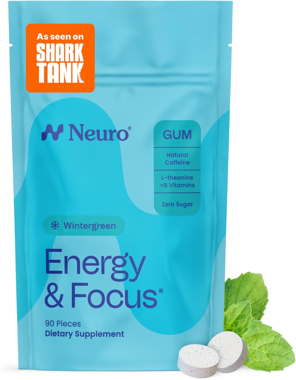 Neuro Energy & Focus Gum - 40mg Natural Caffeine Gum & Nootropic Energy Supplement with L-Theanine & B Vitamins - Sugar Free, Vegan - Peppermint, 54ct