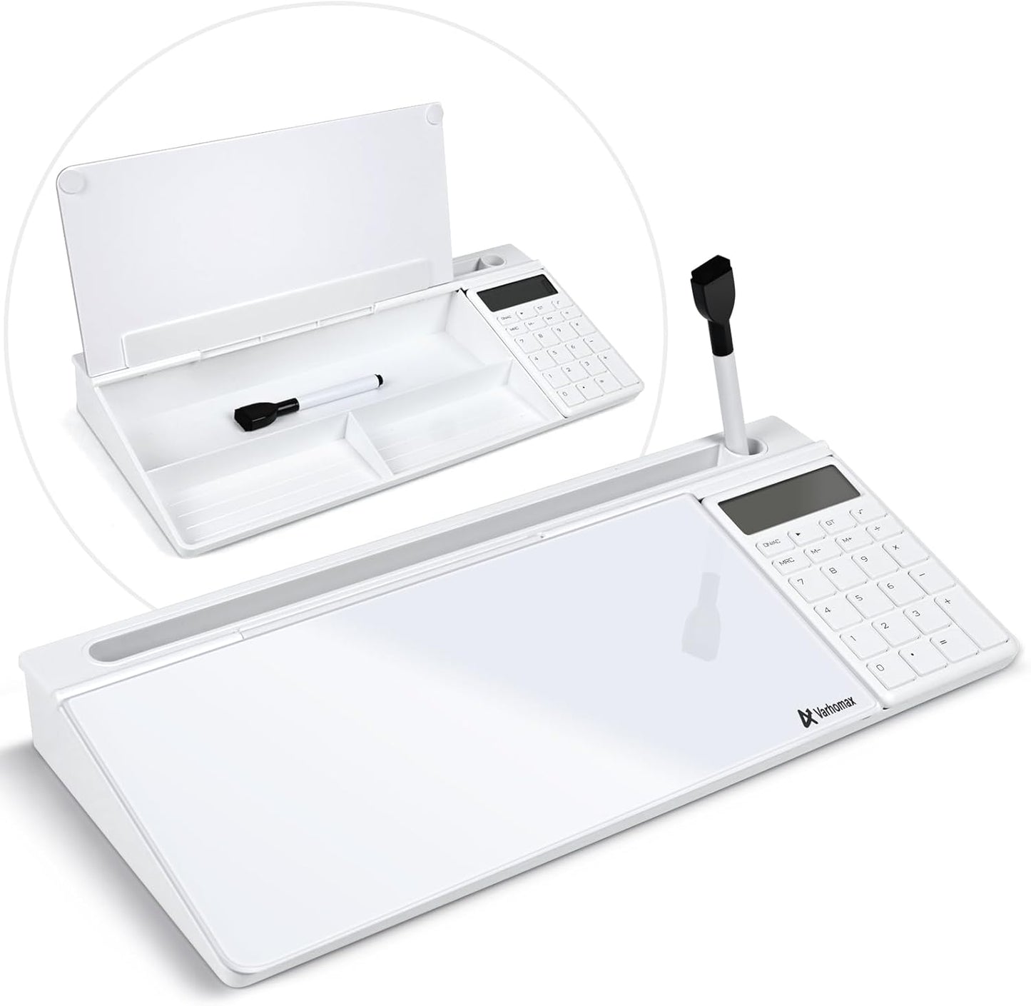 Varhomax Glass Desk Whiteboard with Storage, Desktop Organizer to-do List Memo Notepad Dry Erase White Board for Home Office and School Supplies (White)