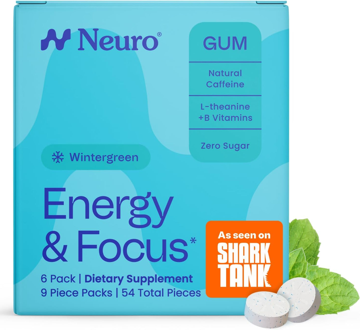 Neuro Energy & Focus Gum - 40mg Natural Caffeine Gum & Nootropic Energy Supplement with L-Theanine & B Vitamins - Sugar Free, Vegan - Peppermint, 54ct