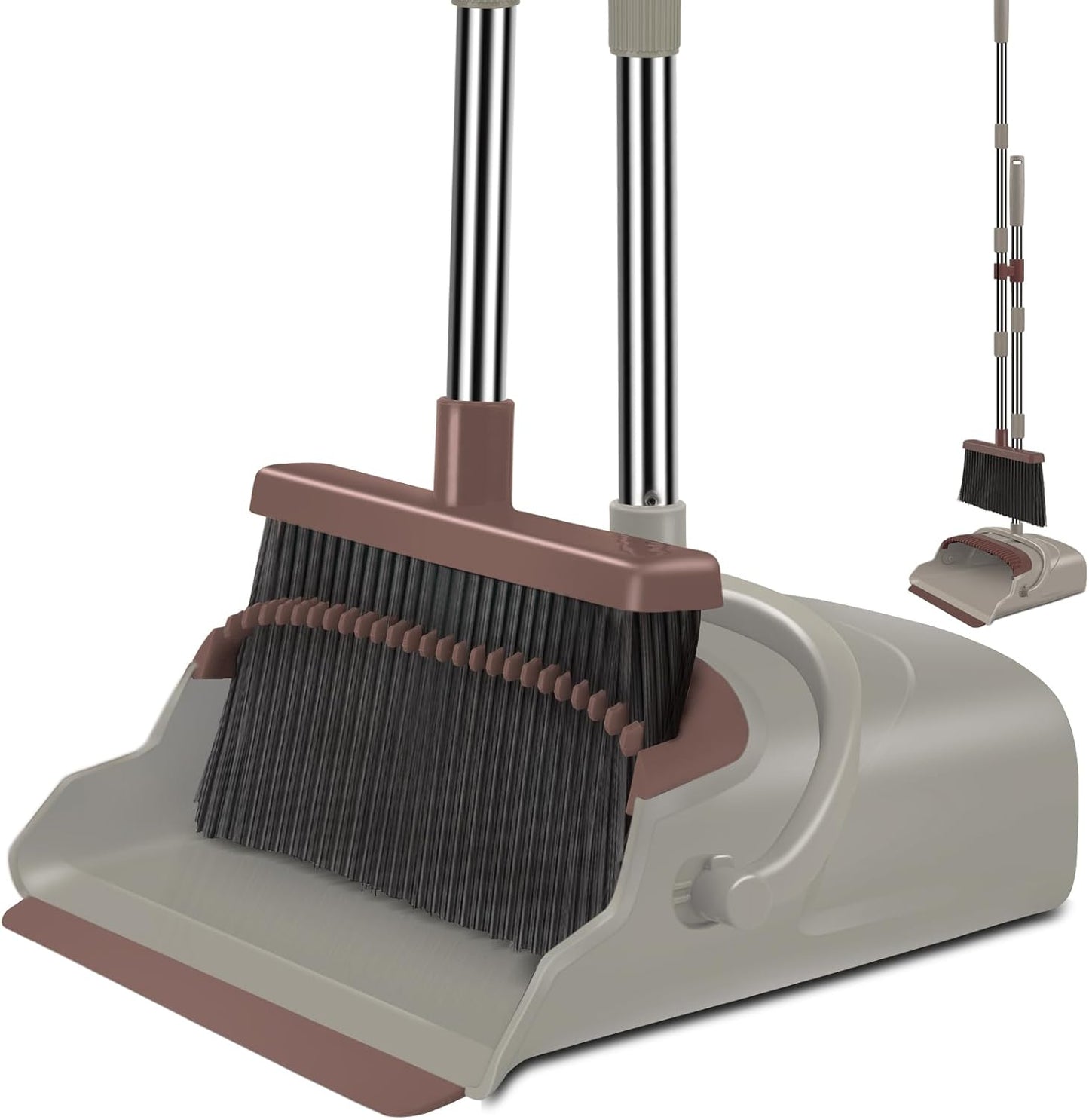 kelamayi Upgrade Broom and Dustpan Set, Self-Cleaning with Dustpan Teeth, Indoor&Outdoor Sweeping, Ideal for Dog Cat Pets Home Use, Stand Up Broom and Dustpan (Gray&Orange)