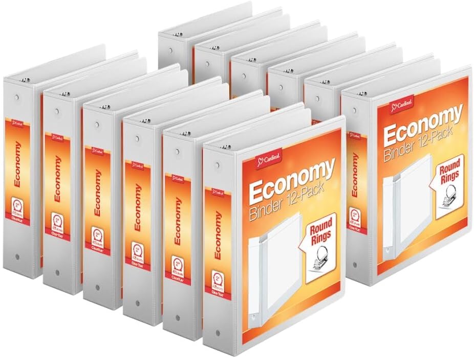 Cardinal Economy 3-Ring Binders, 1", Round Rings, Holds 225 Sheets, ClearVue Presentation View, Non-Stick, White, Carton of 12 (90621)