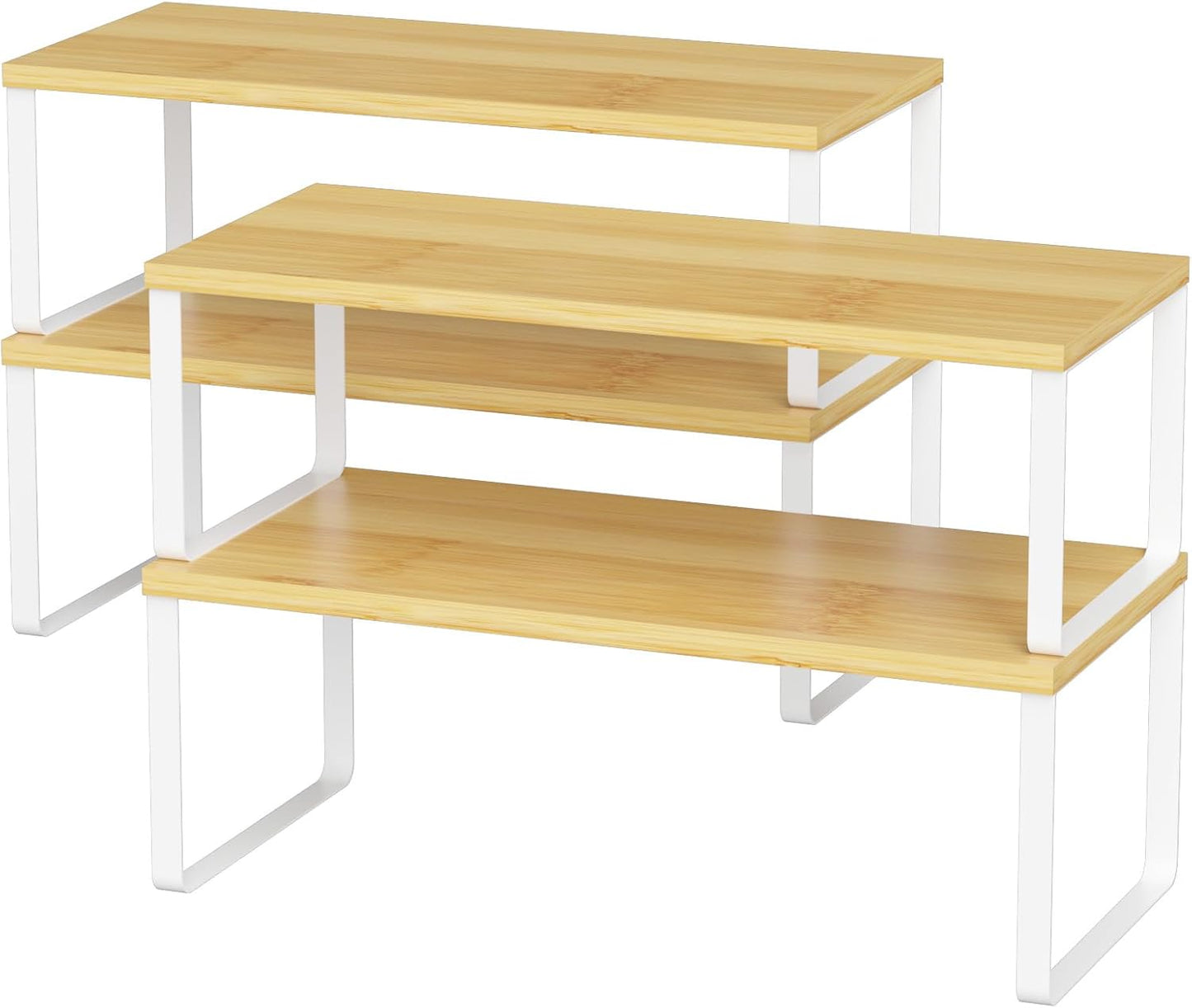 NEX Bamboo Kitchen Cabinet and Counter Shelf Organizer, Stackable & Expandable, Set of 4, White and Natural