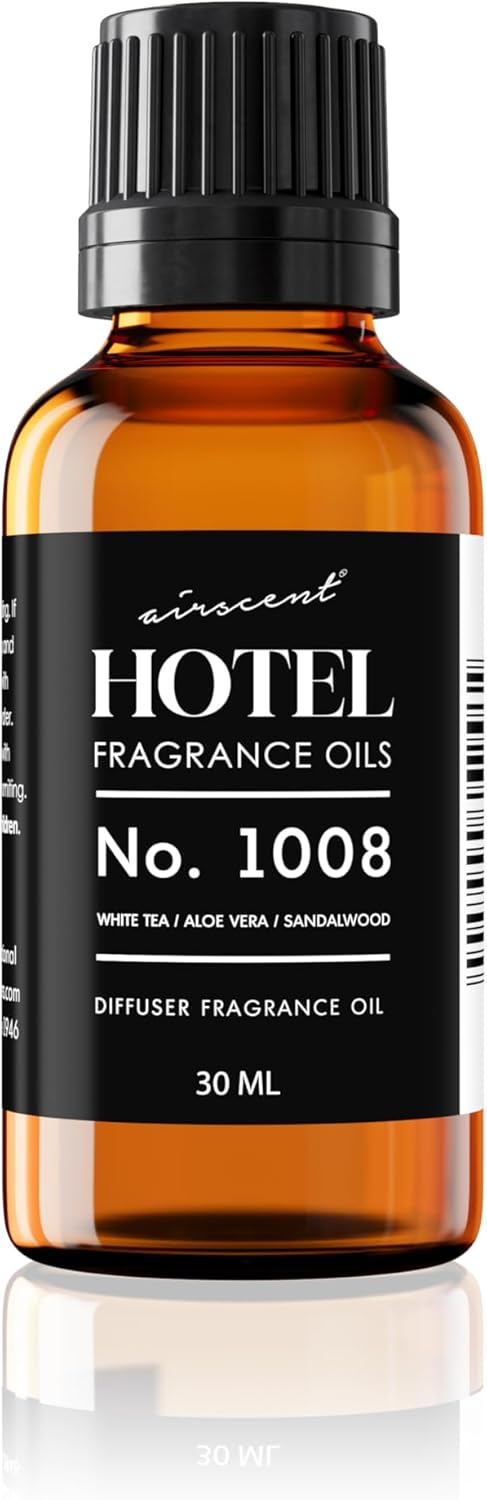 AirScent Hotel Diffuser Oil No. 1008 - White Tea, Aloe Vera & Sandalwood - Hotel Scent Dupe - Premium Fragrance Oil for Ultrasonic and Waterless Diffusers and Crafting - 120 mL, 4 fl oz Glass Bottle