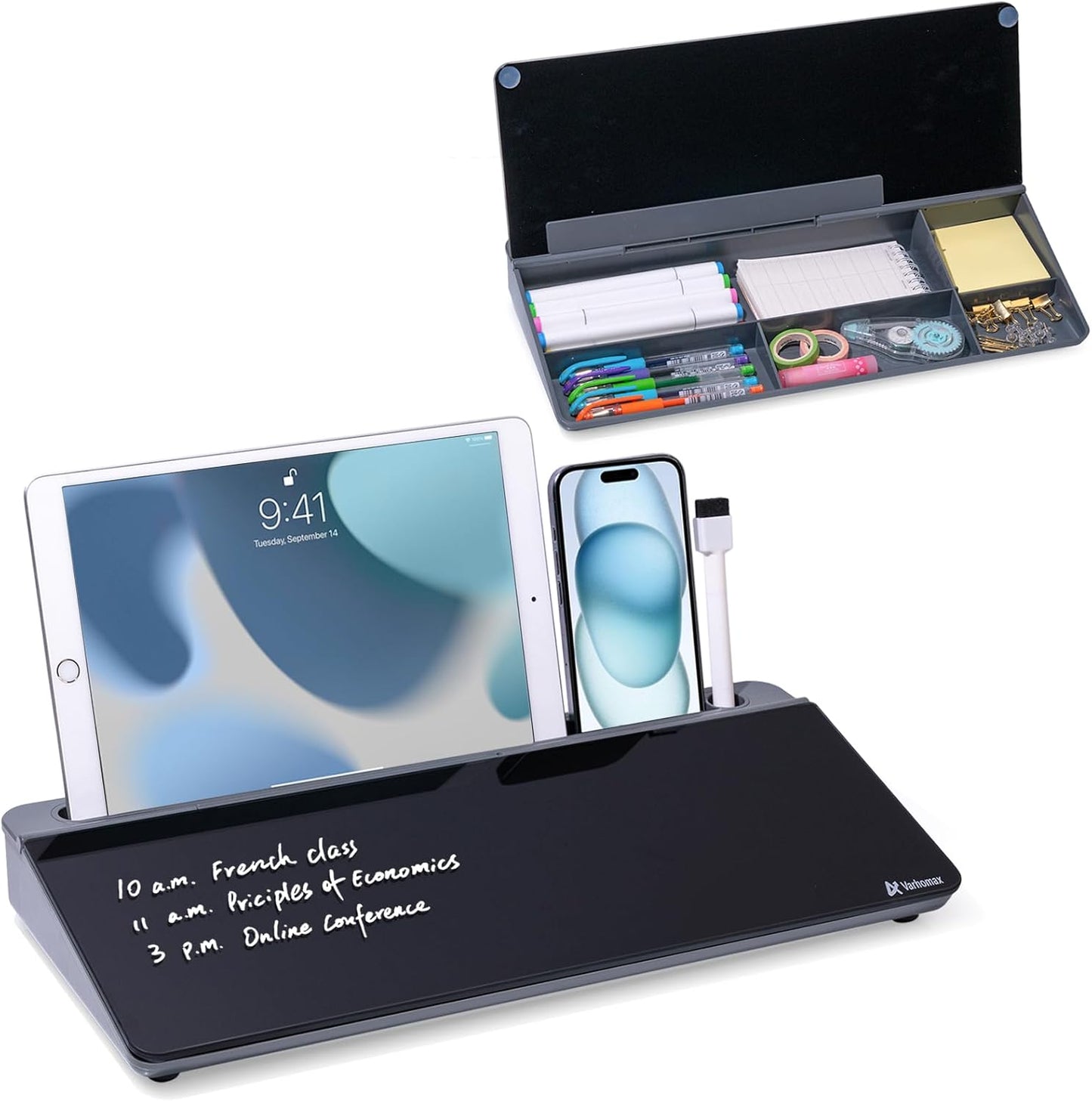 Varhomax Glass Desk Whiteboard with Storage, Desktop Organizer to-do List Memo Notepad Dry Erase White Board for Home Office and School Supplies (White)