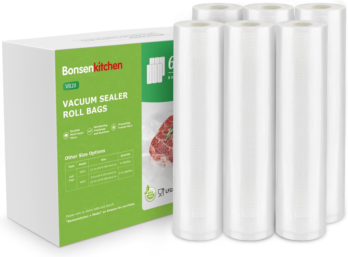 Bonsenkitchen Vacuum Sealer Rolls Bags, 6 Pack 3 Rolls 11" x 20' + 3 Rolls 8" x 20' Commercial Grade BPA Free Bag Rolls, Durable Customized Size Food Vac Bags for Storage and Sous Vide Cooking VB3211