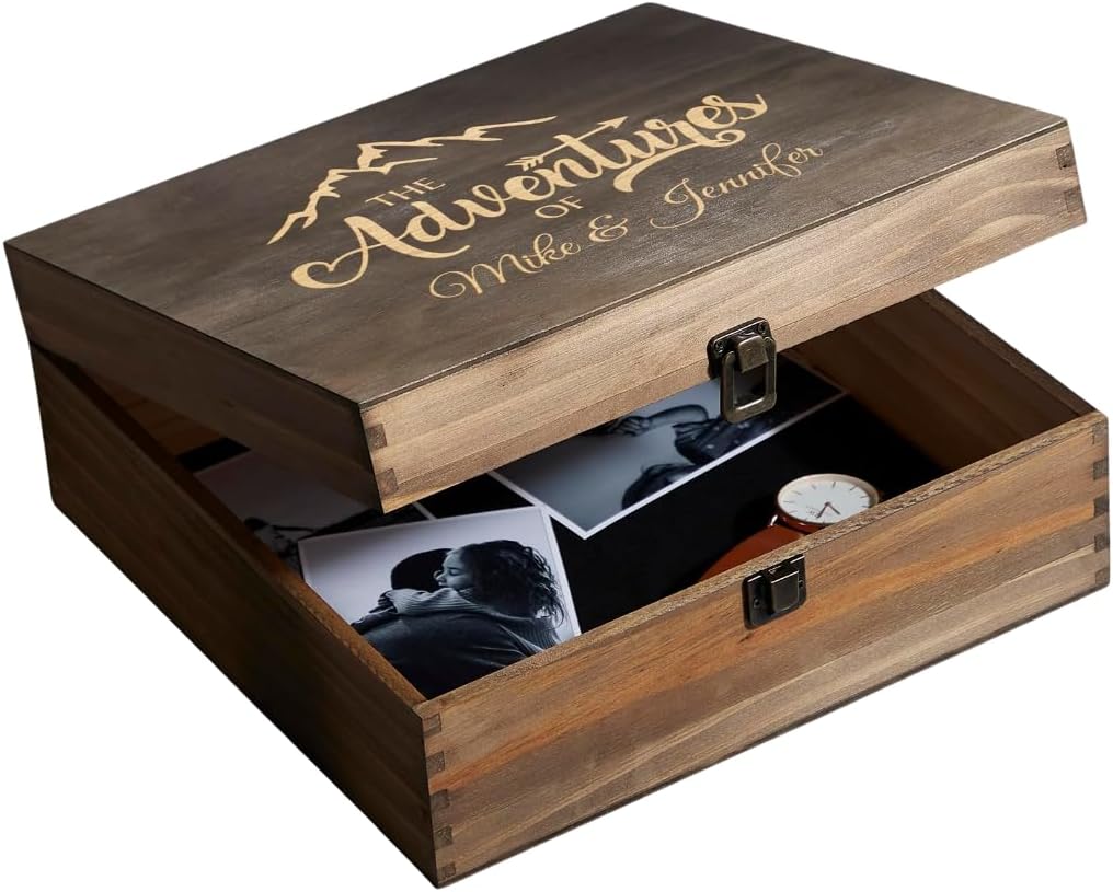 Personalized Wooden Keepsake Box - Custom Memory Box for Photos Jewelry Letters Rustic Memento Storage Box for Wedding, Anniversary, Birthday, Graduation & Retirement Gifts