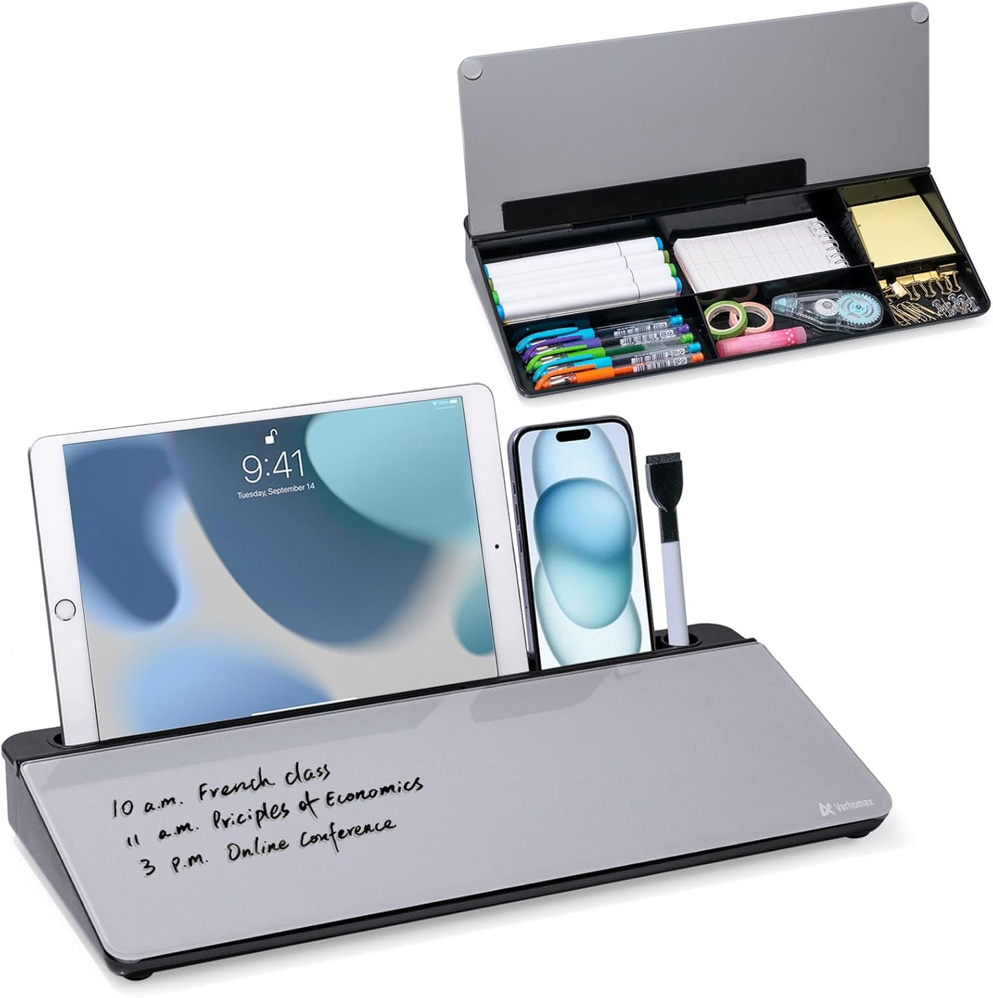 Varhomax Glass Desk Whiteboard with Storage, Desktop Organizer to-do List Memo Notepad Dry Erase White Board for Home Office and School Supplies (White)