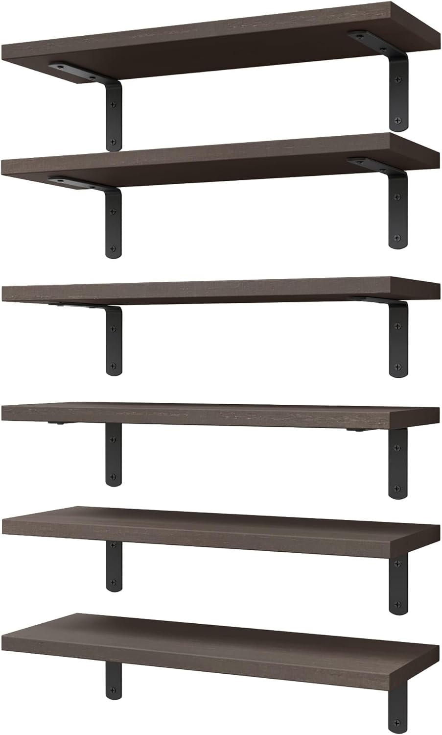 WOPITUES Wood Floating Shelves Set of 6, Shelves for Wall Decor, Farmhouse Shelf for Bedroom, Bathroom Storage Shelves, Book Shelves for Living Room - Rustic Brown