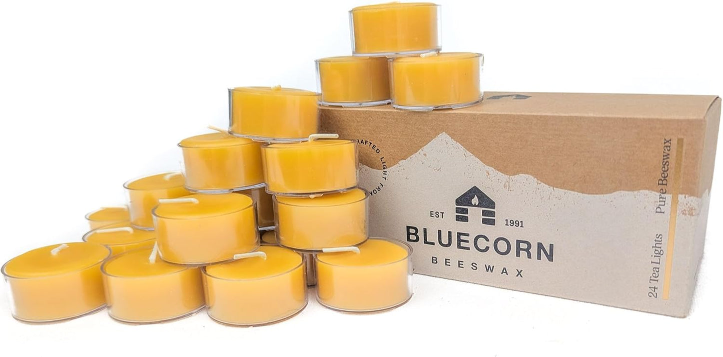 Bluecorn Beeswax Tea Light Candles, 100% Pure Natural Bees Wax, Yellow Tea Lights, Fragrance Free, Paraffin & Soy Free Candle Wax, Clean Burning, Long Lasting (4-5 Hrs), American Made, 24 Pack
