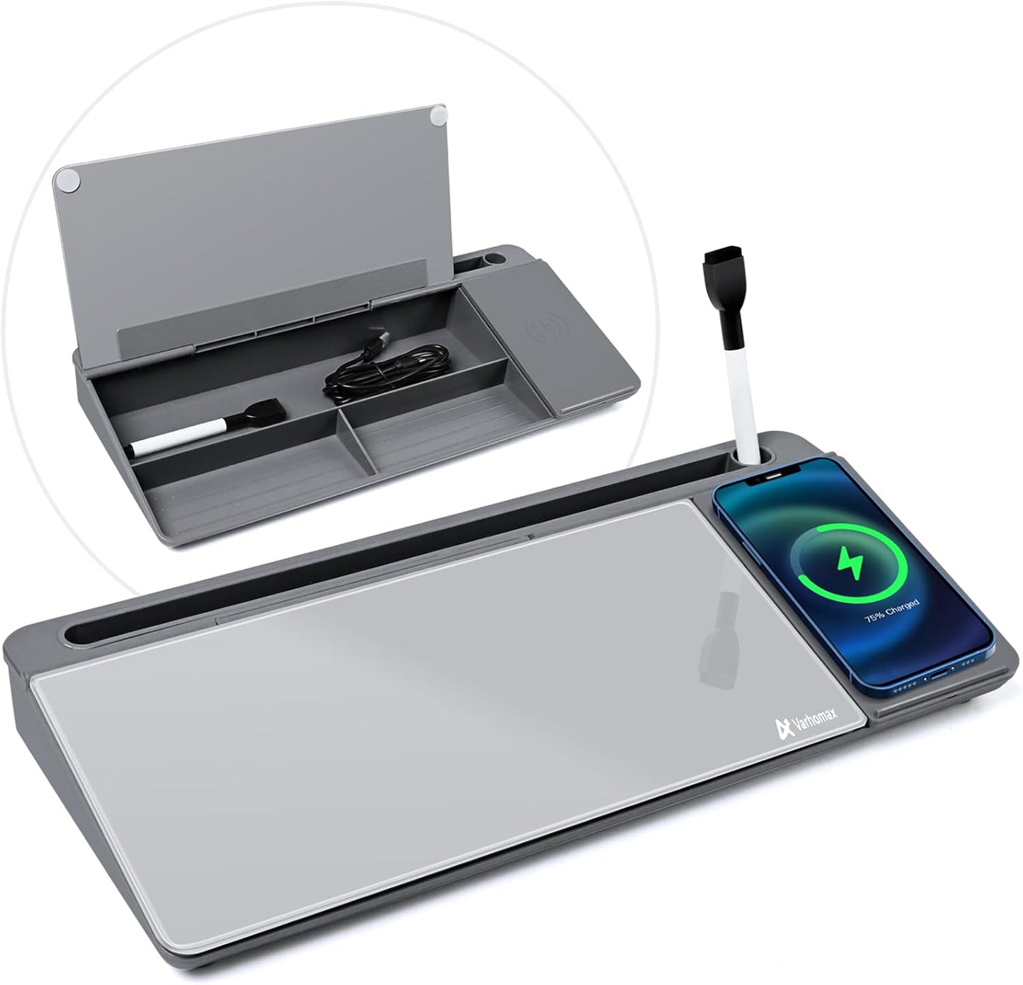 Varhomax Glass Desk Whiteboard with Storage, Desktop Organizer to-do List Memo Notepad Dry Erase White Board for Home Office and School Supplies (White)