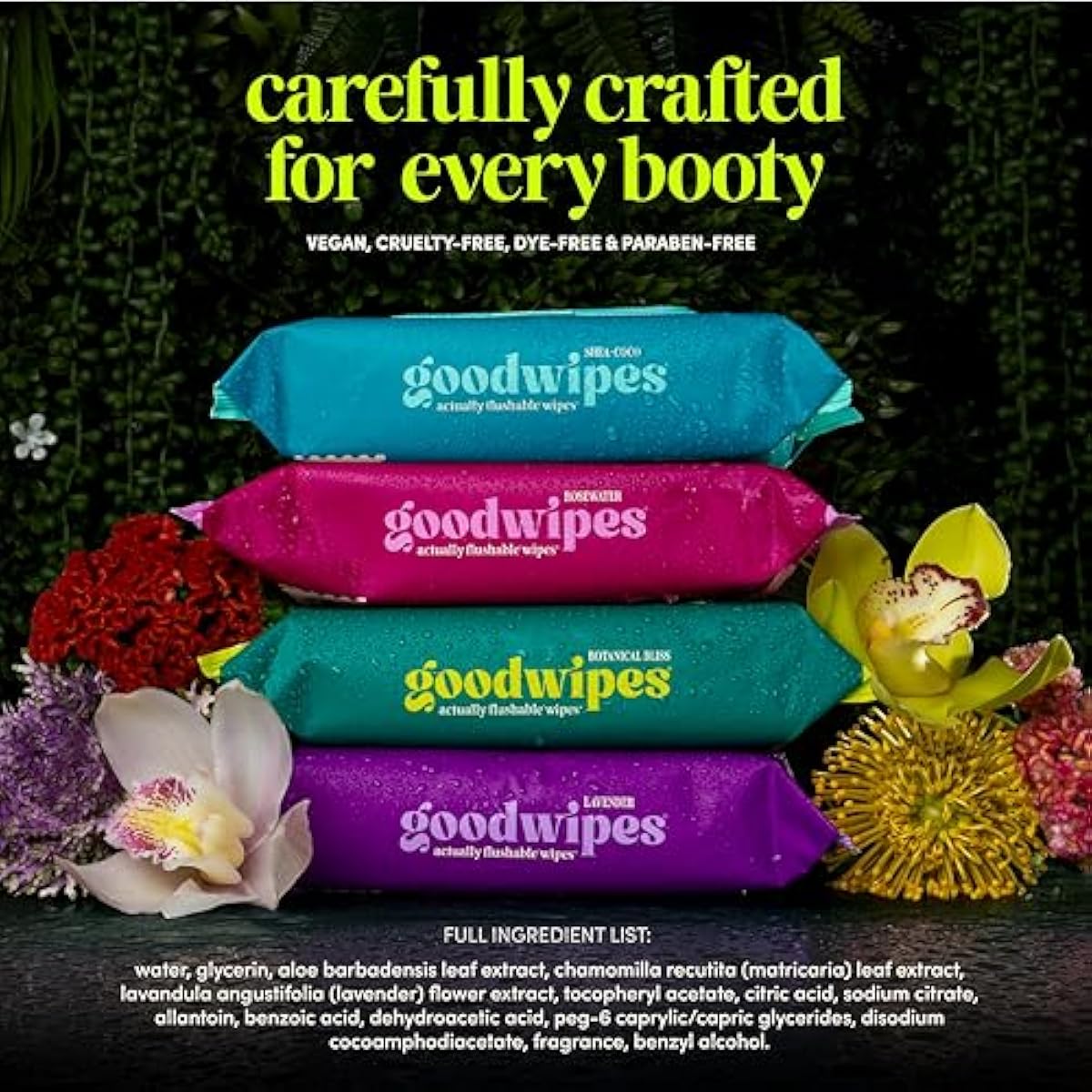 goodwipes Flushable Butt Wipes - Vitamin E & Aloe - Sewer & Septic Safe - Extra Large Adult Wet Wipes For Women & Men - Bathroom Essentials - Rosewater, 318 Count (6 Packs + 1 Travel)
