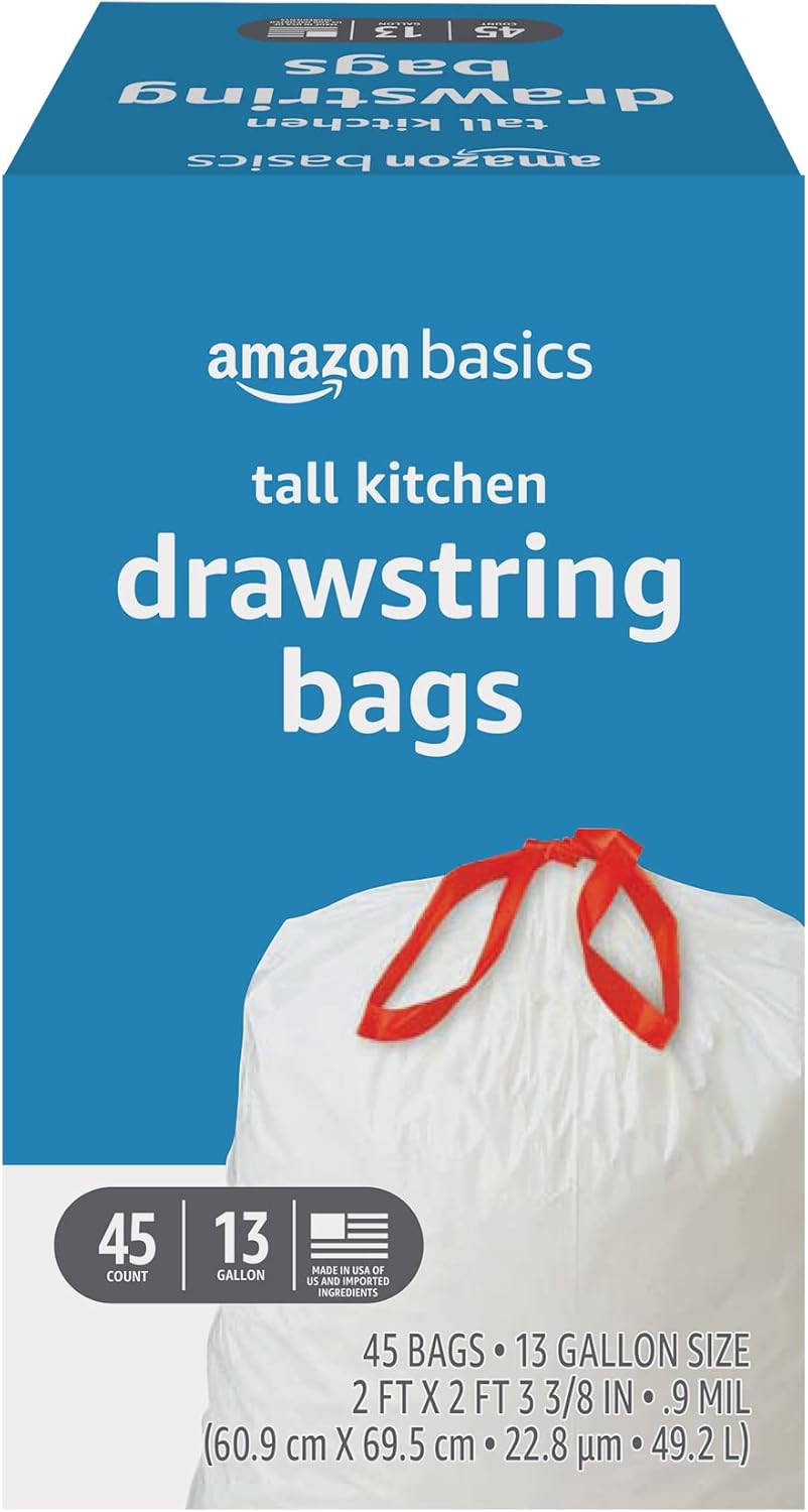 Amazon Basics Tall Kitchen Drawstring Trash Bags, Sturdy, 13 Gallon, Unscented, 200 Count