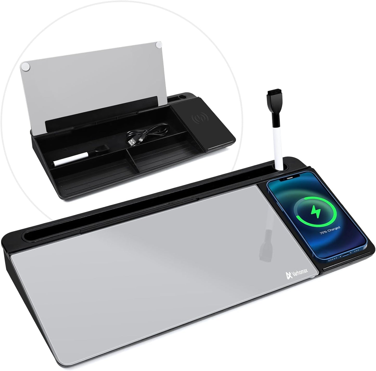 Varhomax Glass Desk Whiteboard with Storage, Desktop Organizer to-do List Memo Notepad Dry Erase White Board for Home Office and School Supplies (White)