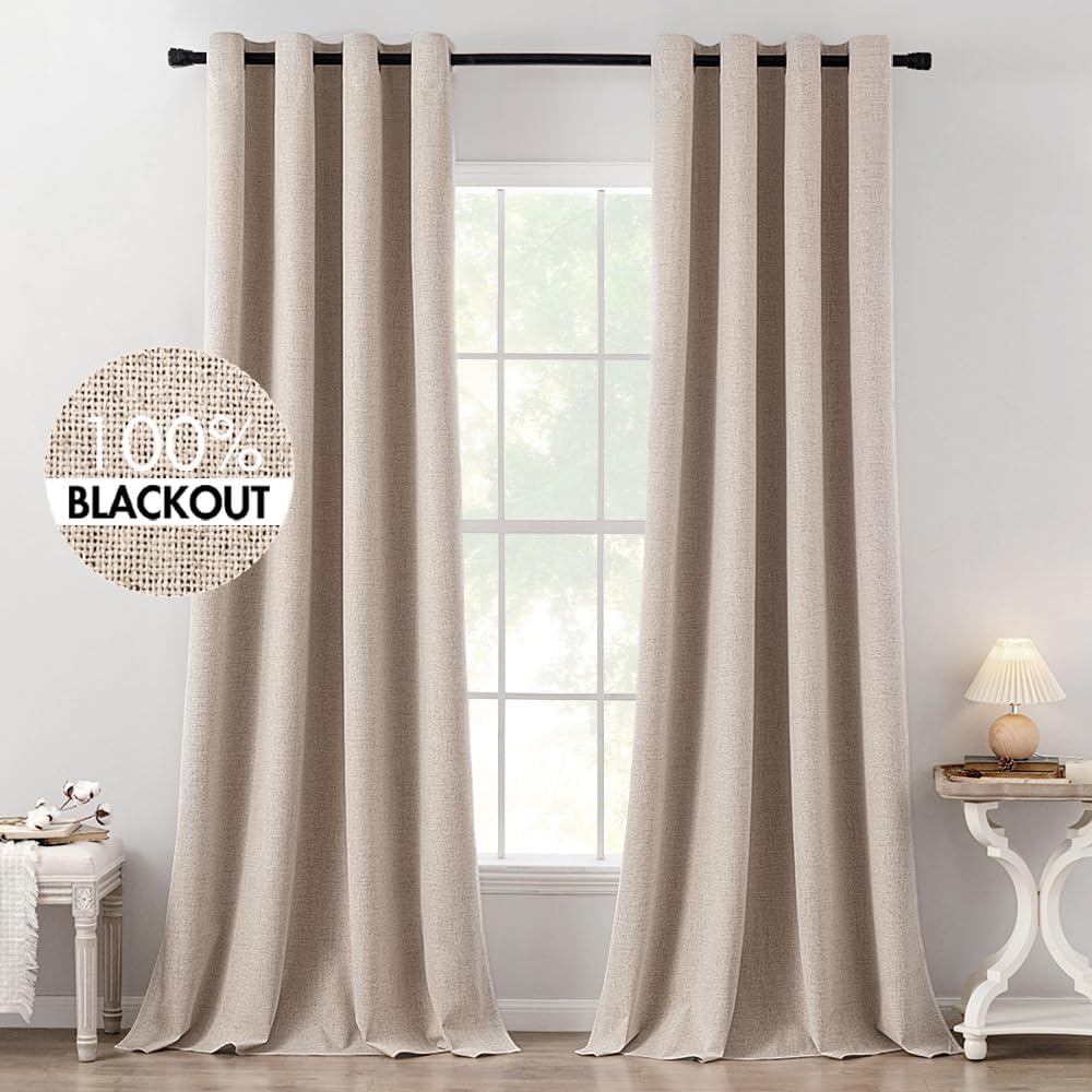 MIULEE 100% Blackout Linen Textured Curtains for Bedroom Solid Thermal Insulated Natural Beige Grommet Room Darkening Curtains & Drapes Luxury Decor for Living Room Nursery 52 x 84 Inch (2 Panels)