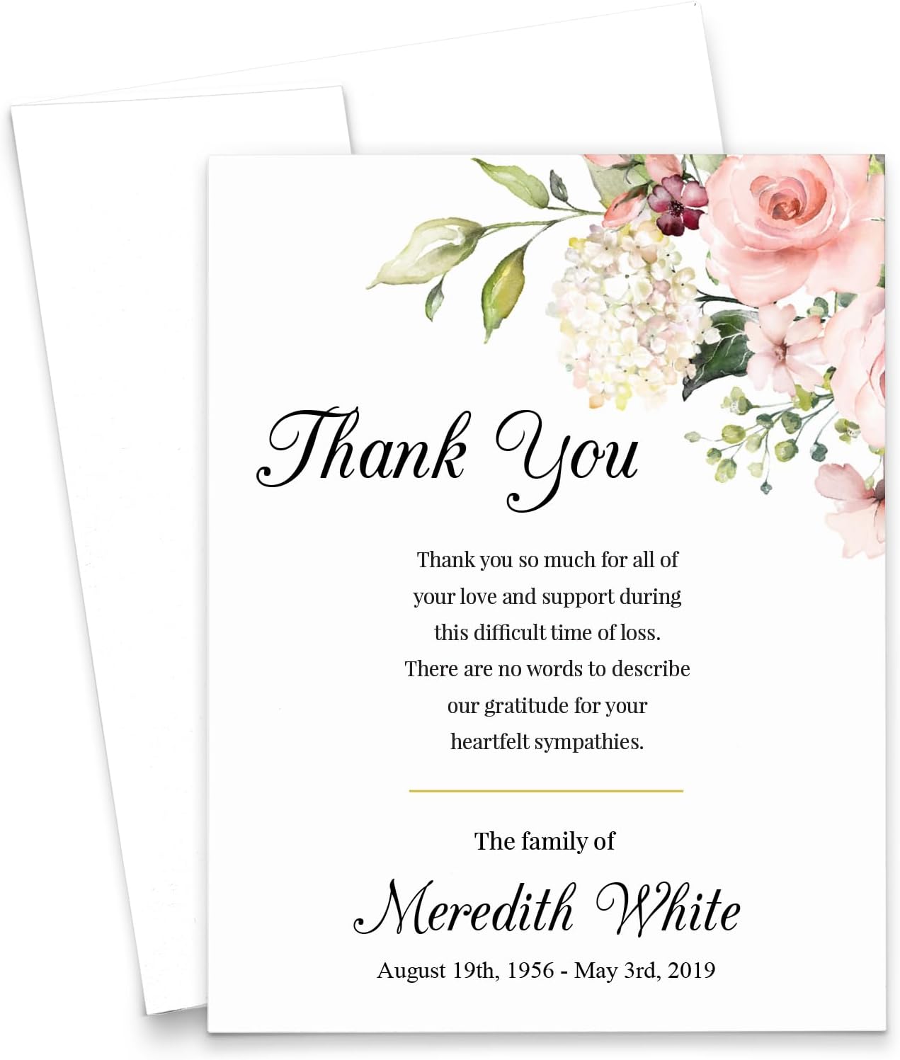 Modern Pink Paper Funeral Thank You Notes with Message Inside, FLAT Sympathy Acknowledgement Cards & Envelopes, Bereavement Personalized Thank You Notecards, Your Choice of Quantity and Color