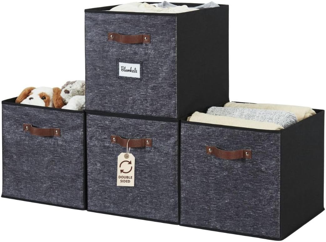 DECOMOMO Storage Bins, Cube Storage Bin with Labels, Fabric Storage Cubes for Shelves (10.5" x 11" / 6pcs, Beige)