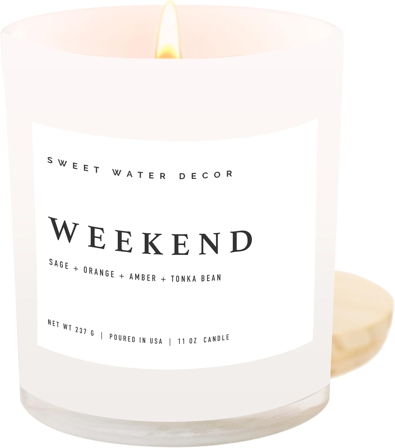 Sweet Water Decor Salt and Sea Candle - Sea Salt, Citrus, Amber, Musk, Beach Scented Soy Candles for Home - 11oz White Glass Jar + Wood Lid, 50+ Hour Burn Time, Made in the USA