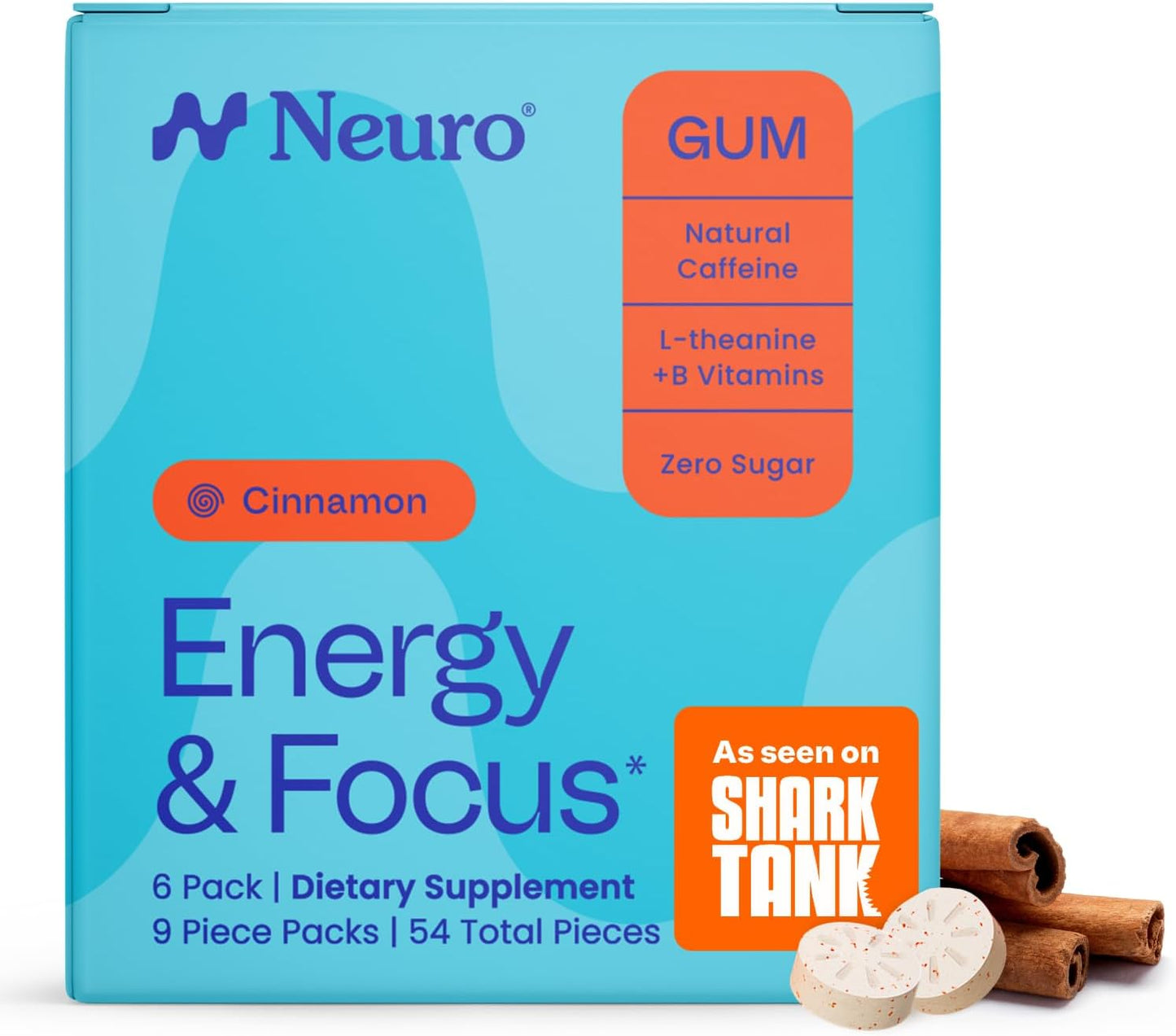 Neuro Energy & Focus Gum - 40mg Natural Caffeine Gum & Nootropic Energy Supplement with L-Theanine & B Vitamins - Sugar Free, Vegan - Peppermint, 54ct