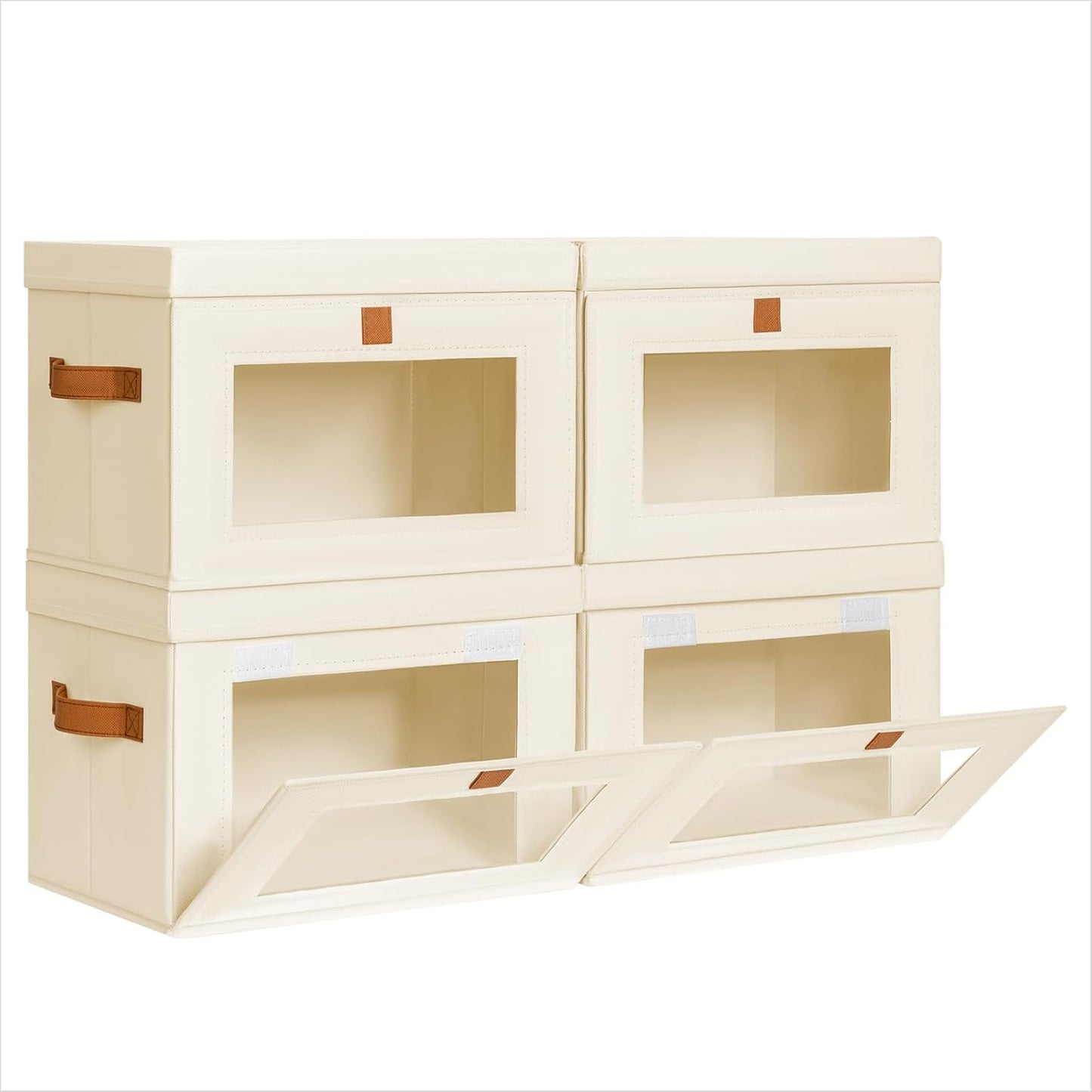 Large Closet Storage Organizer - Clothes Storage Bins with Handles & Window, Collapsible Decorative Boxes with Lids, Fabric Containers for Living Room, Dorm, 2 Pack, Beige