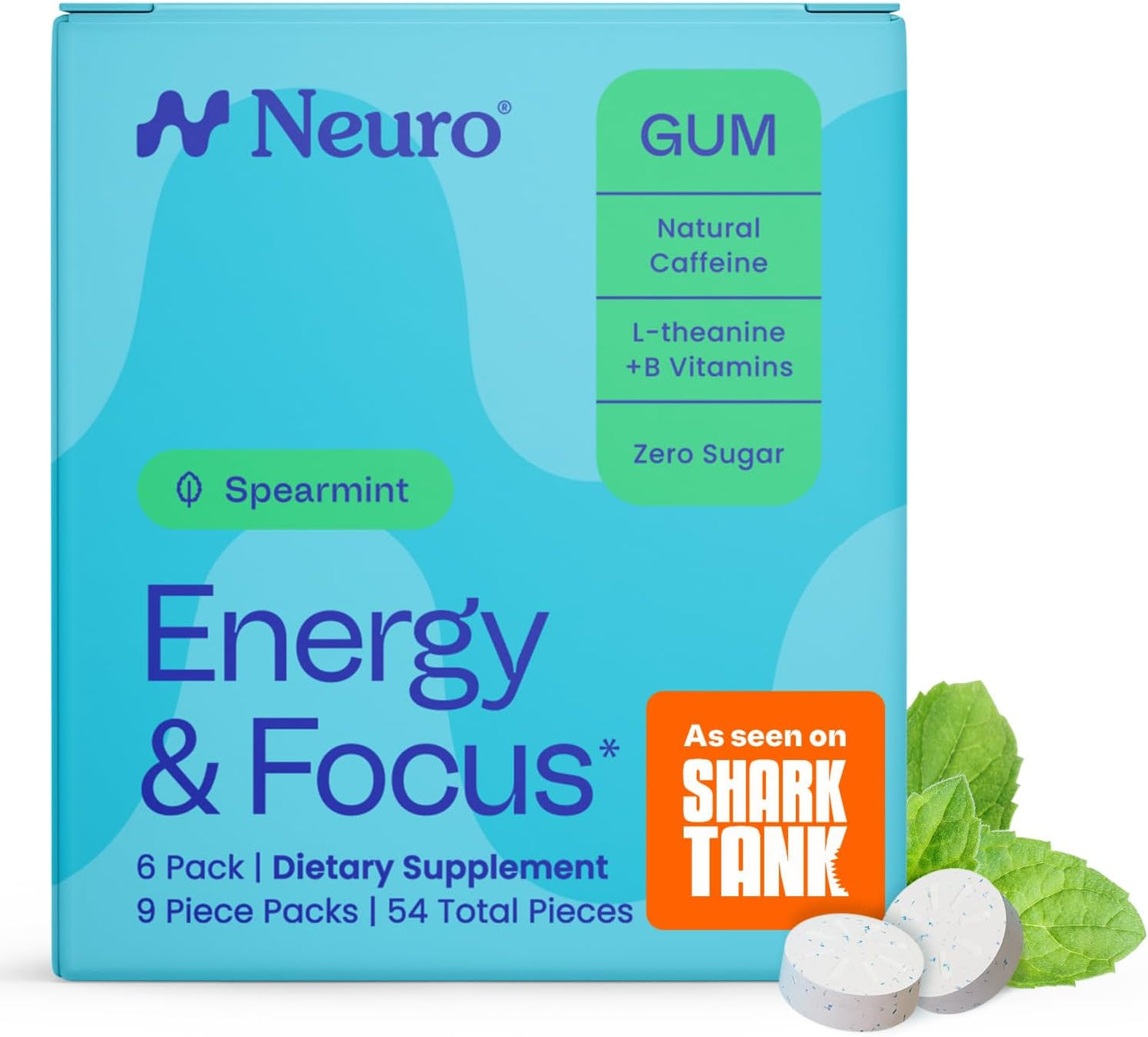 Neuro Energy & Focus Gum - 40mg Natural Caffeine Gum & Nootropic Energy Supplement with L-Theanine & B Vitamins - Sugar Free, Vegan - Peppermint, 54ct