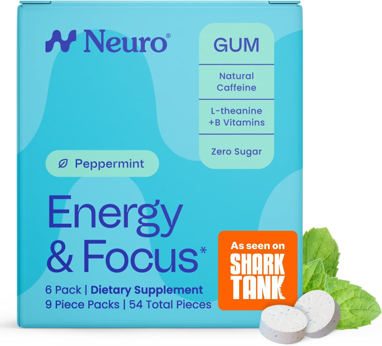Neuro Energy & Focus Gum - 40mg Natural Caffeine Gum & Nootropic Energy Supplement with L-Theanine & B Vitamins - Sugar Free, Vegan - Peppermint, 54ct
