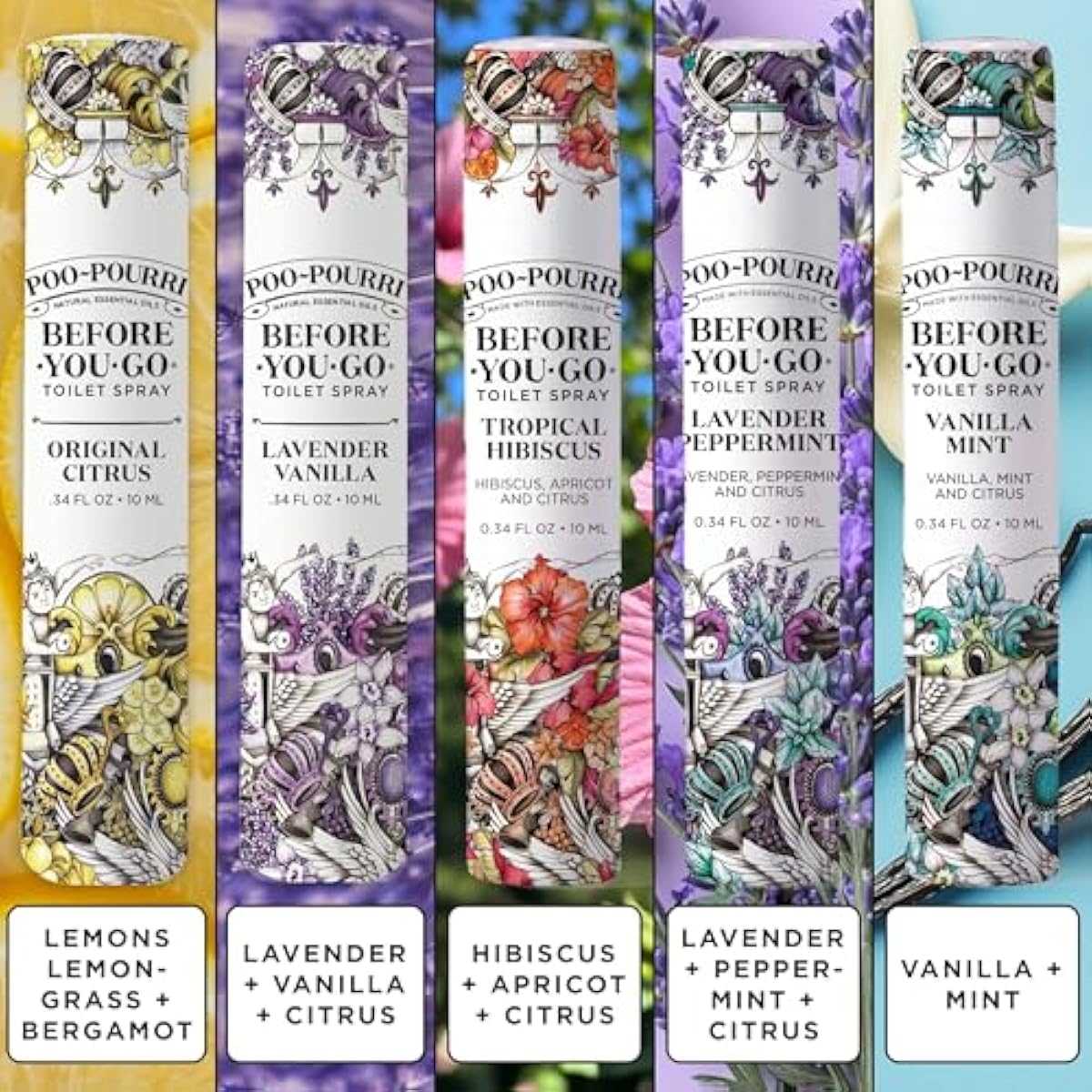 Poo-Pourri Before-You-Go Toilet Spray, Travel Essentials, .34 Fl Oz, In A Pinch Variety 5 Pack, Each Up to 20 Uses, On-The-Go Bathroom Odor Deodorizer with Essential Oils, TSA Approved Size, 5 Scents