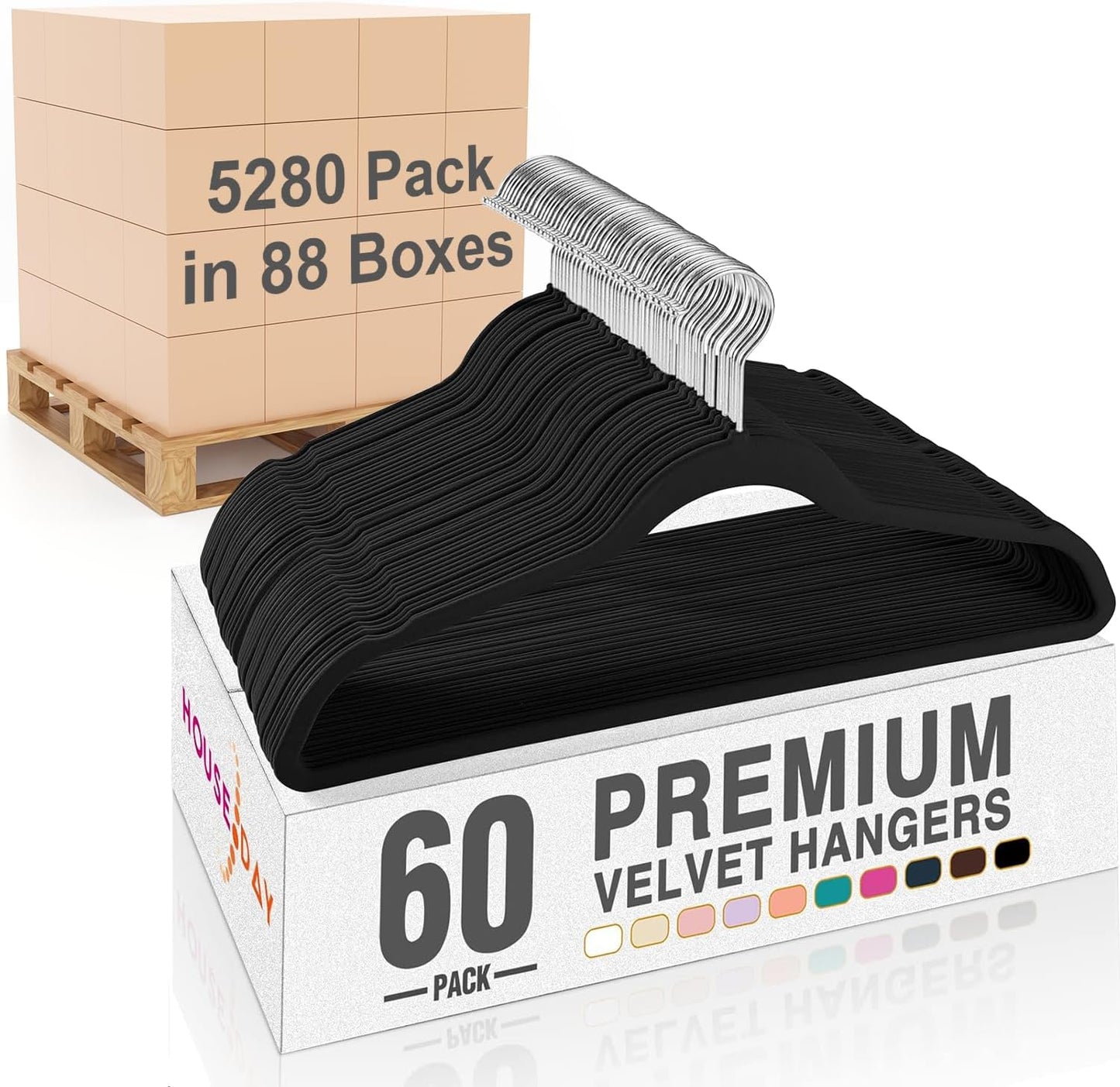 HOUSE DAY Black Velvet Hangers 60 Pack, Non Slip Clothes Felt Hanger Heavy Duty for Coat, Premium Slim Space Saving Suit Hangers for Closet Organizer, 360° Rotating Silver Hook