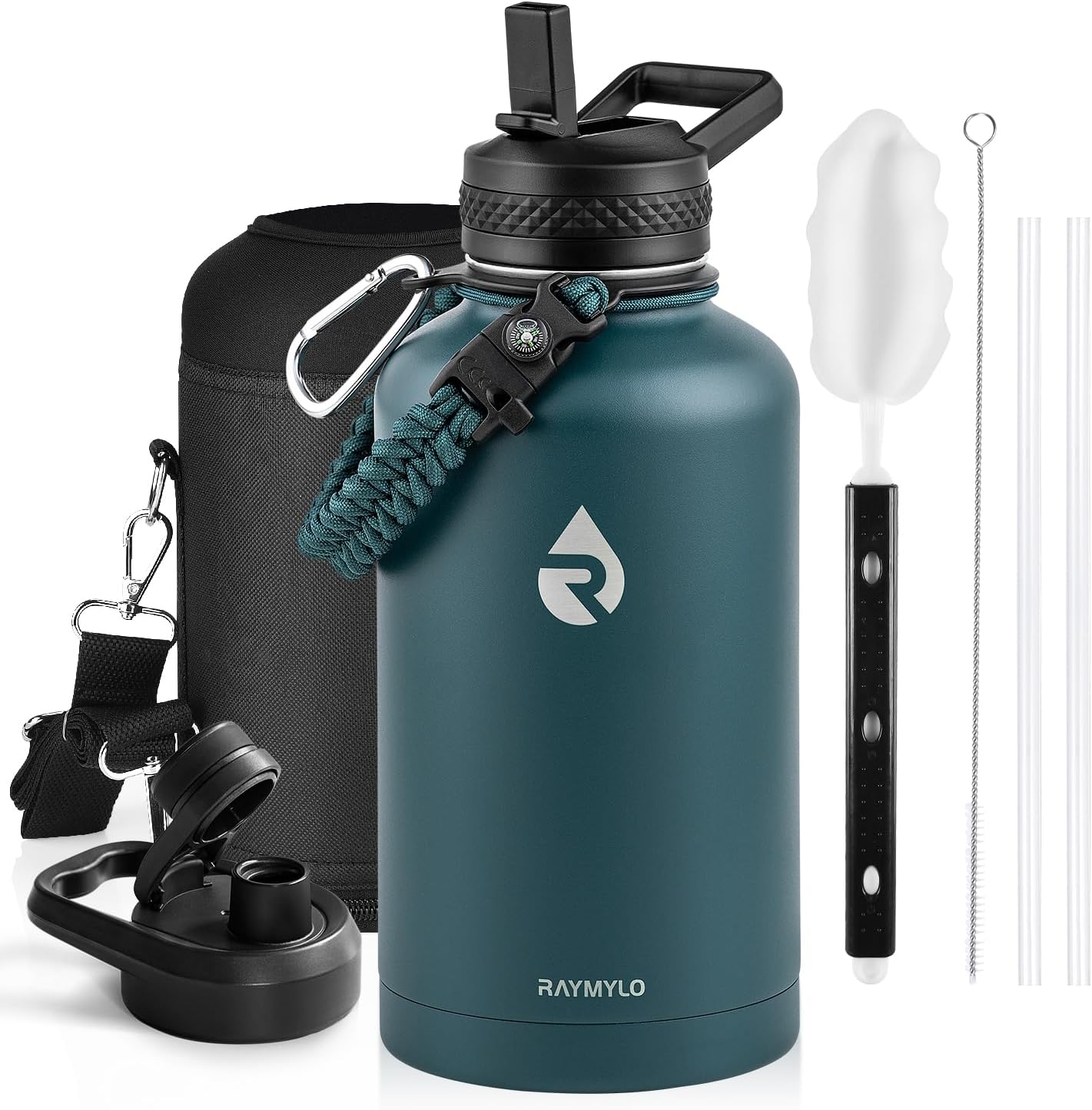 One Gallon Water Bottle Insulated, Triple Walled Vacuum Stainless Steel (Cold for 48 Hrs), Leak Proof & Non-BPA, Large Water Flask Jug with Paracord Handle & Straw Spout Lids